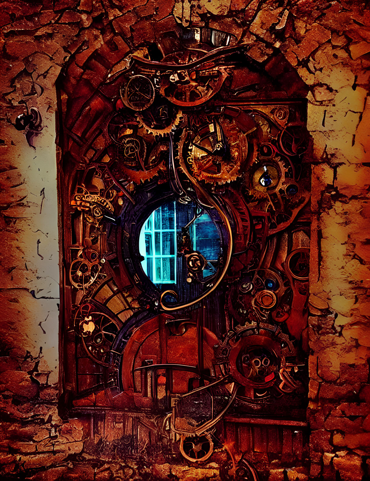 Steampunk-style door with gears in brick wall emitting blue light