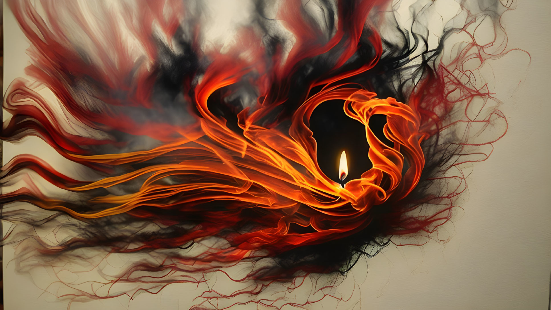 Dynamic Abstract Artwork with Fiery Orange, Red, and Black Hues