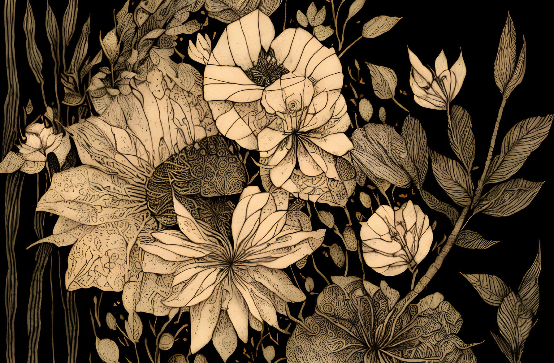 Detailed Black and Gold Botanical Illustration of Flowers and Leaves