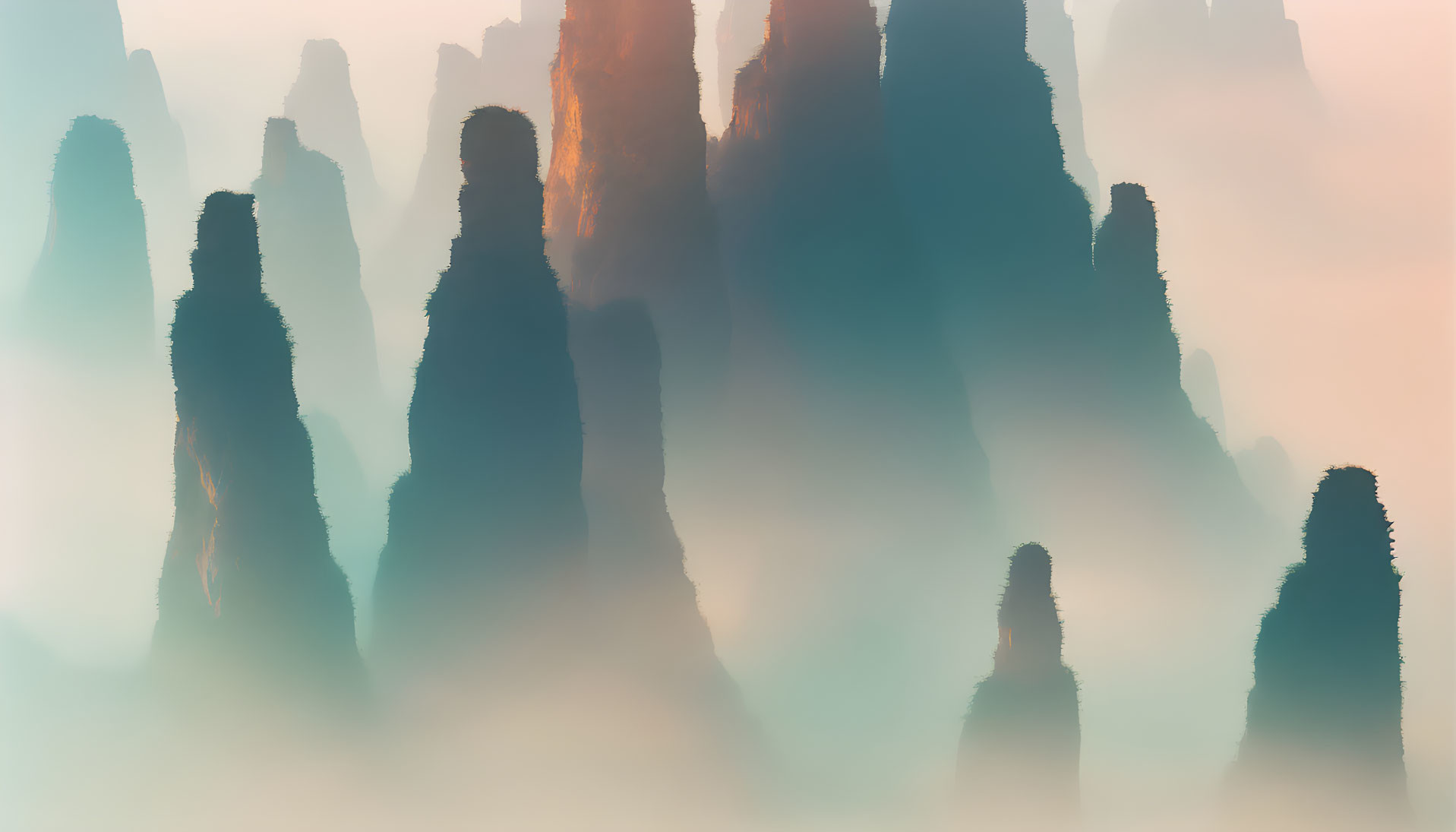 Tranquil misty mountain peaks under soft sunlight