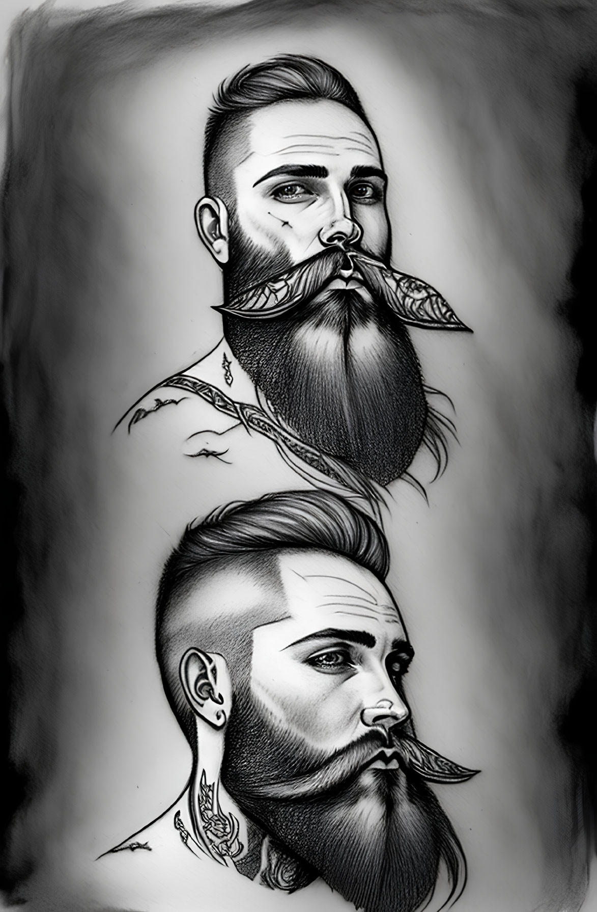 Detailed monochrome illustration of a bearded man with neck tattoos, front and side profile, featuring a