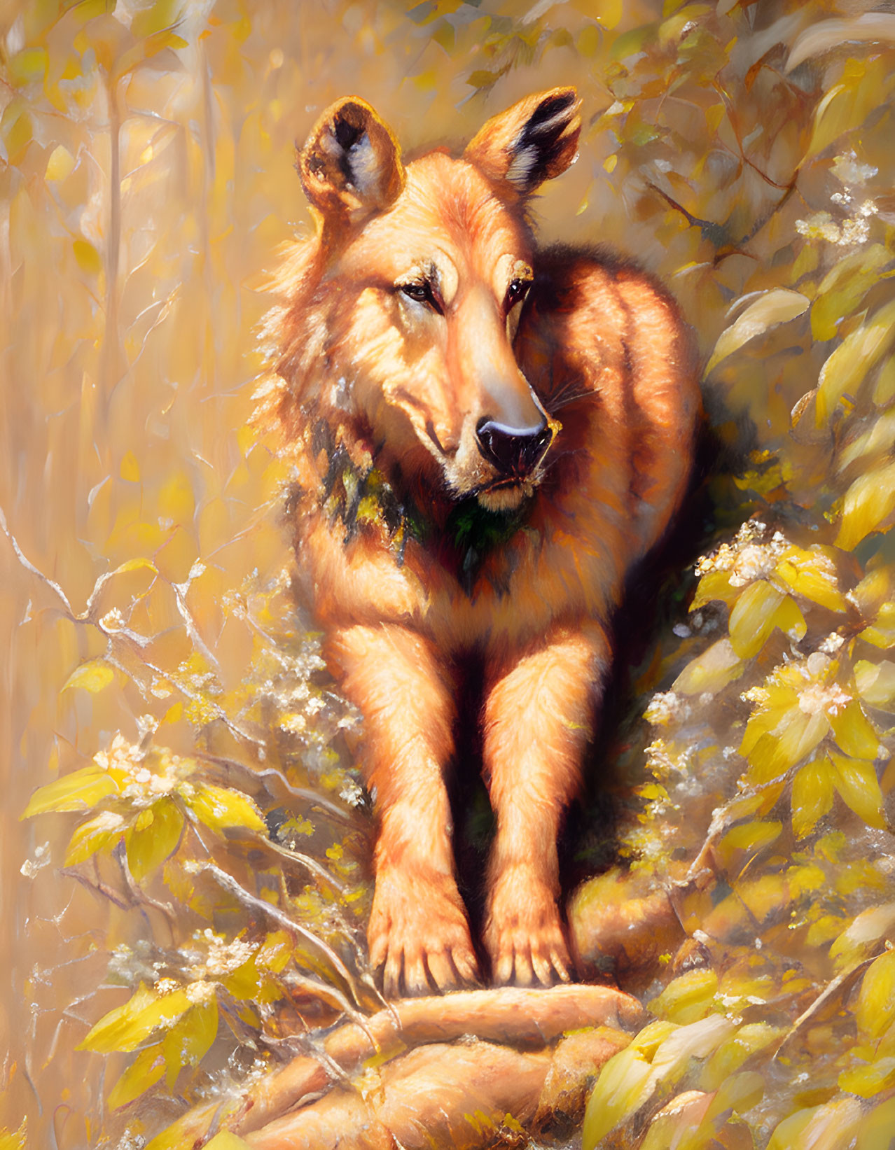 Anthropomorphic wolf sitting on tree branch among yellow flowers