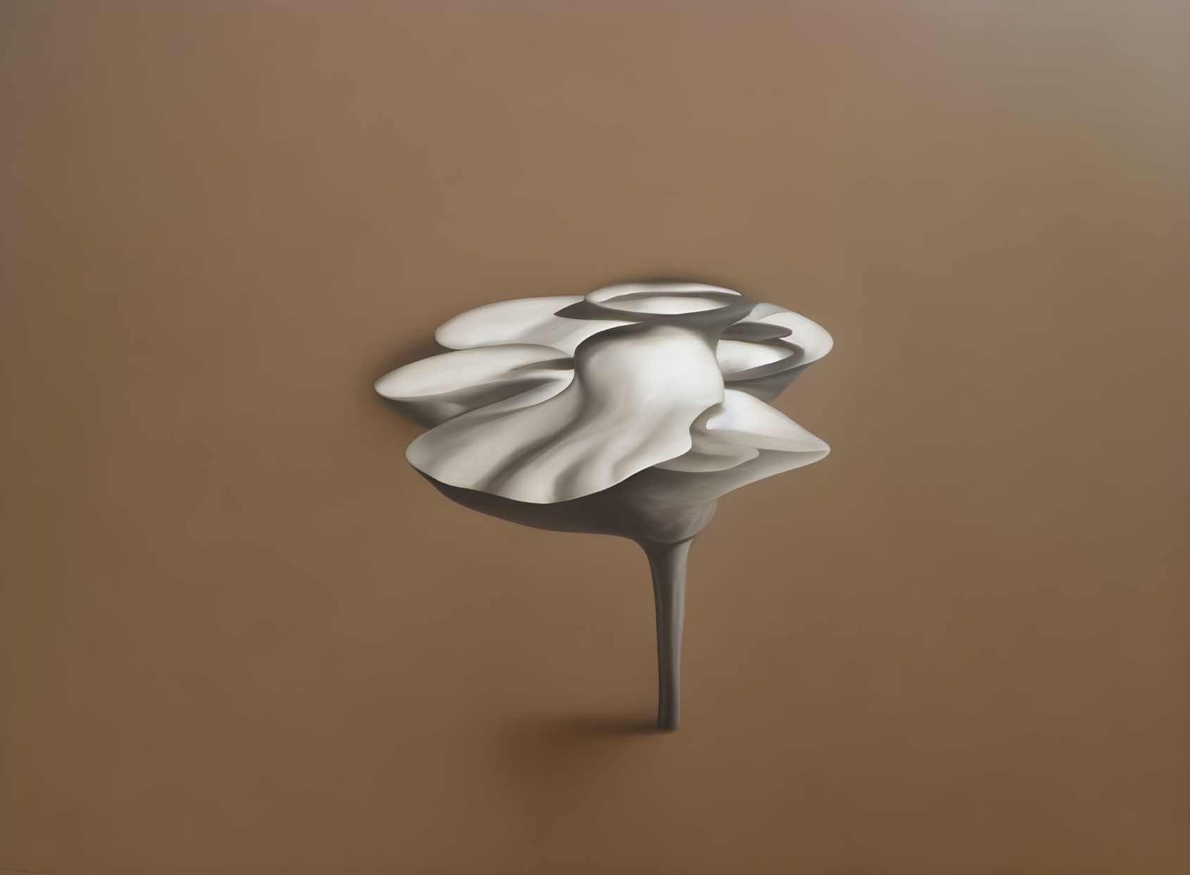 Abstract White Flower Sculpture on Stand Against Brown Background