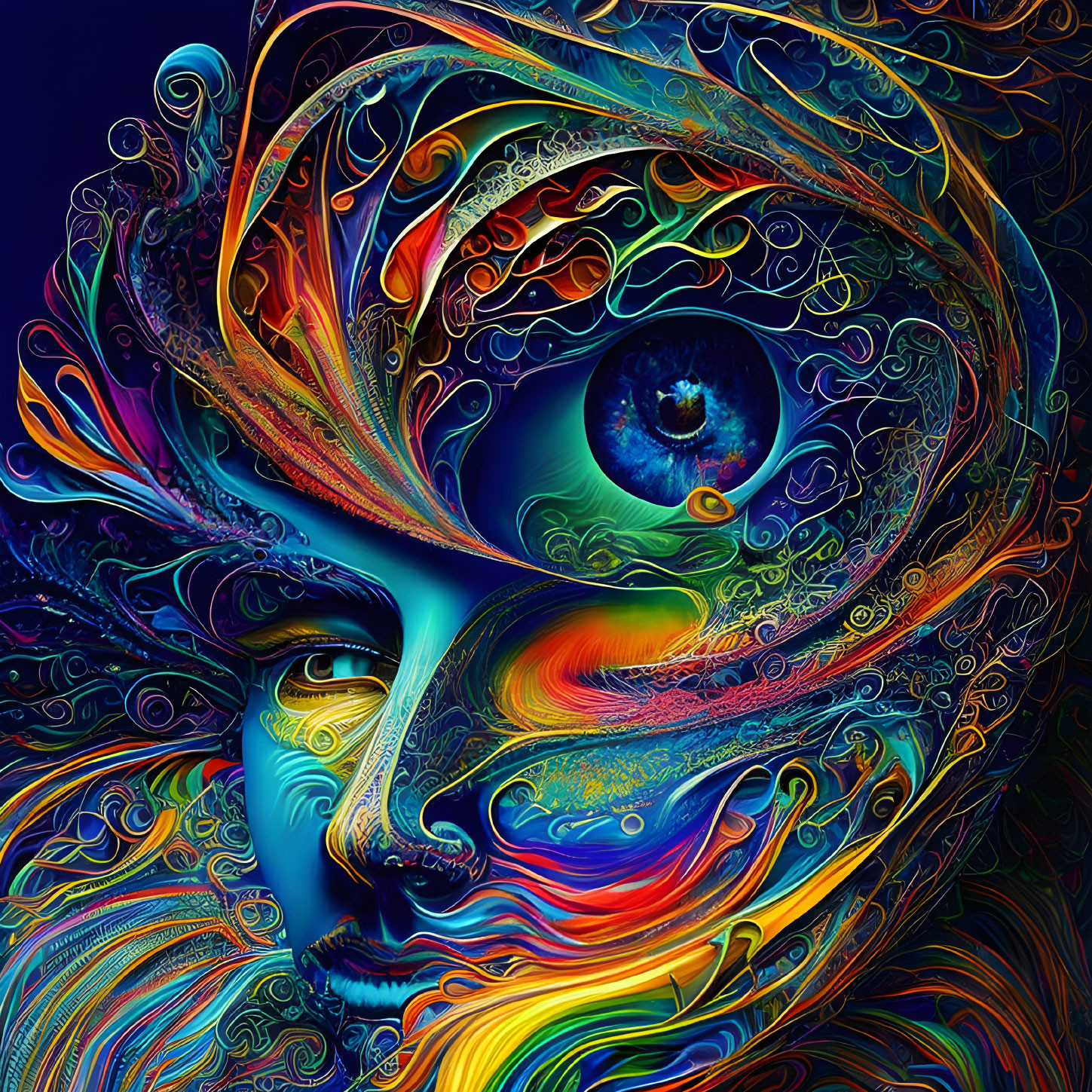 Colorful Psychedelic Artwork: Face with intricate patterns and prominent eye in vibrant swirls