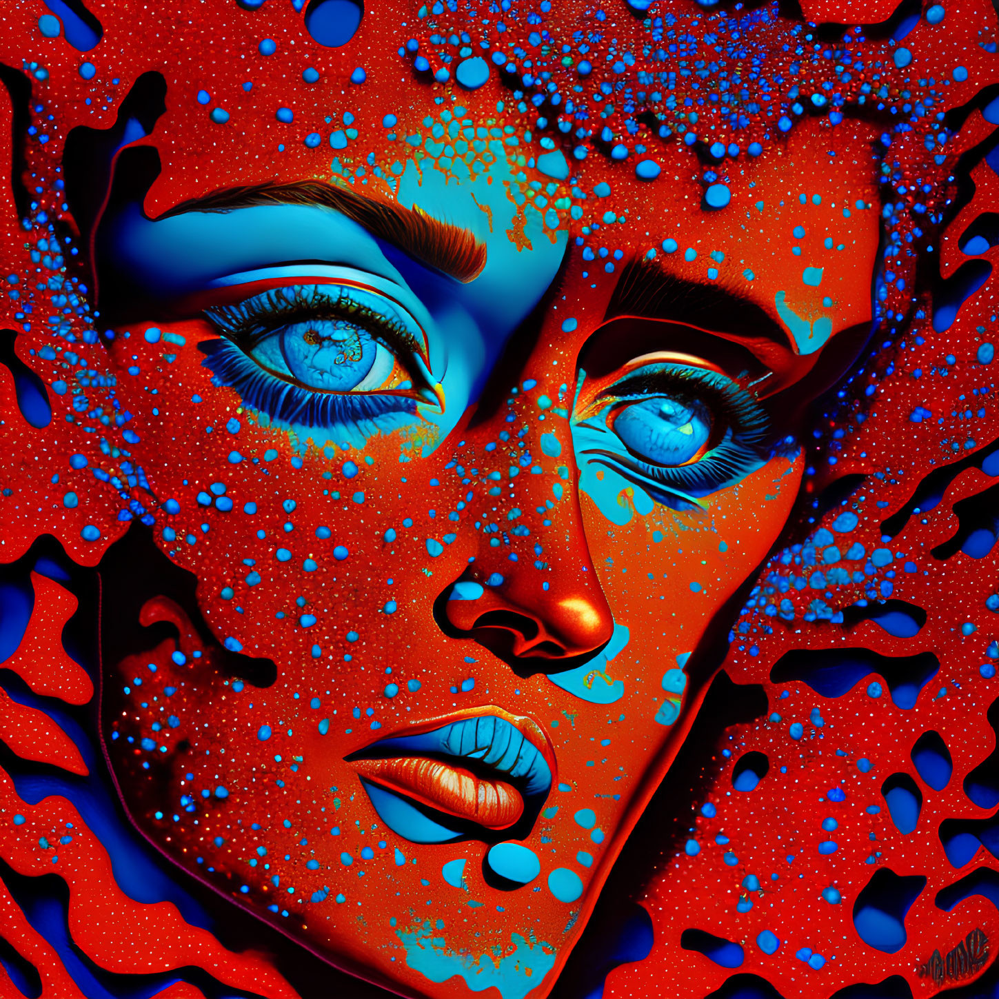 Colorful digital artwork of woman's face with blue eyes on red background