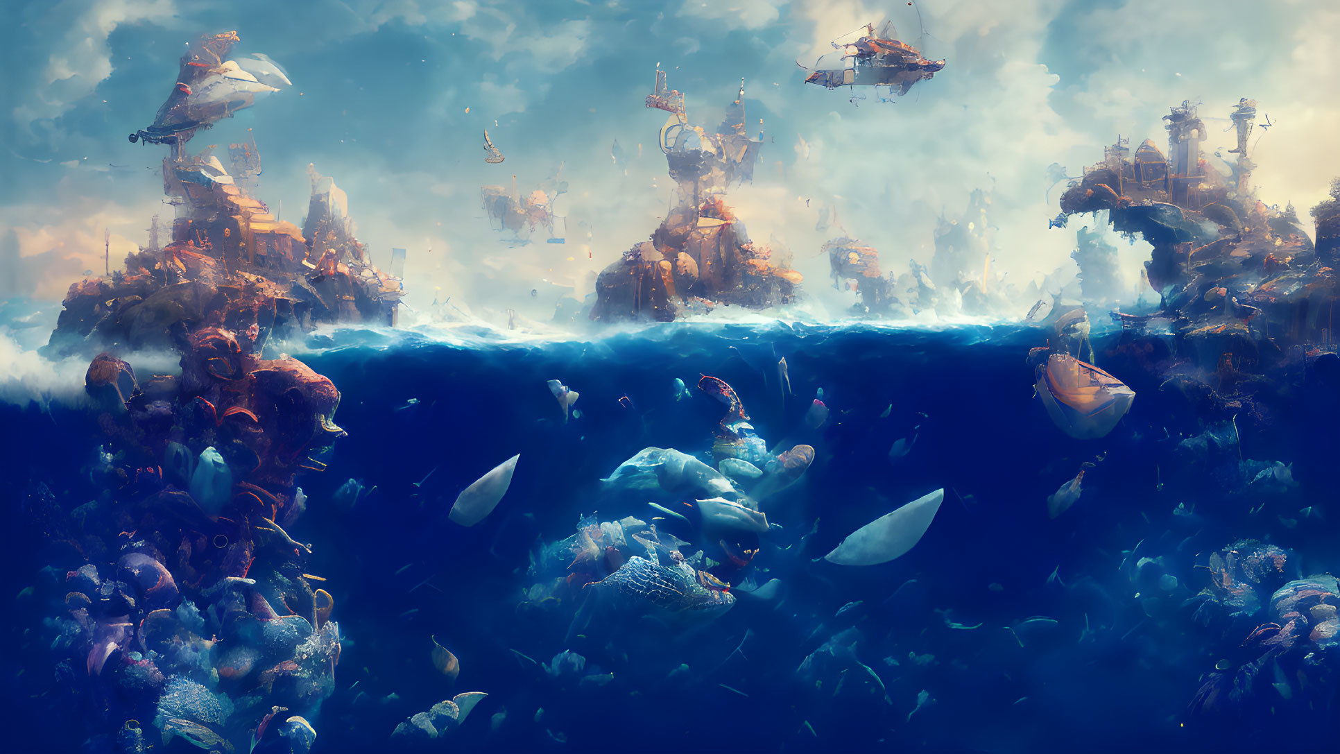 Fantastical seascape with floating islands and marine life under a blue sky