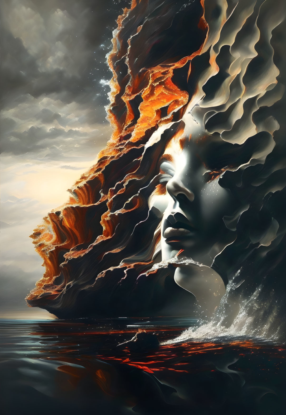 Surreal artwork: Woman's face merges with fiery cliffs above dark waters