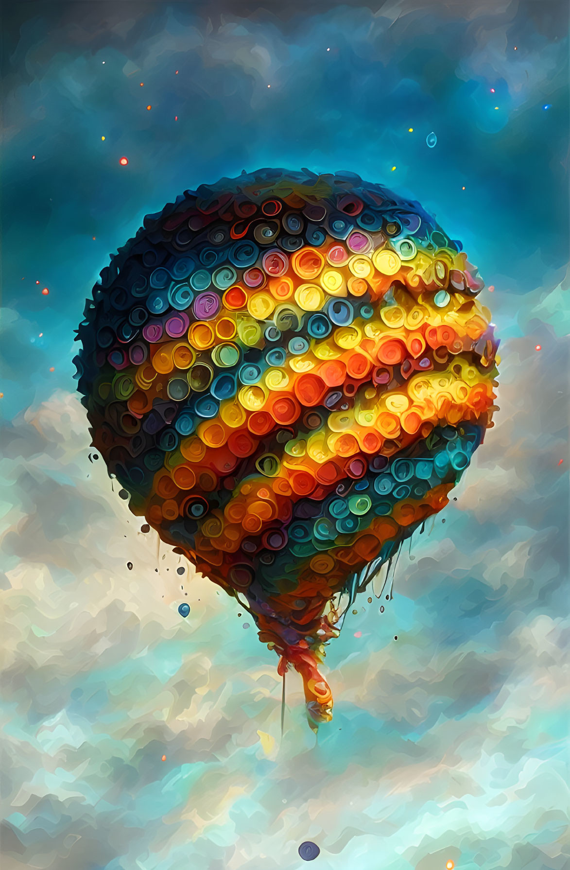 Colorful Hot Air Balloon Drifting in Rainbow Cloudscape