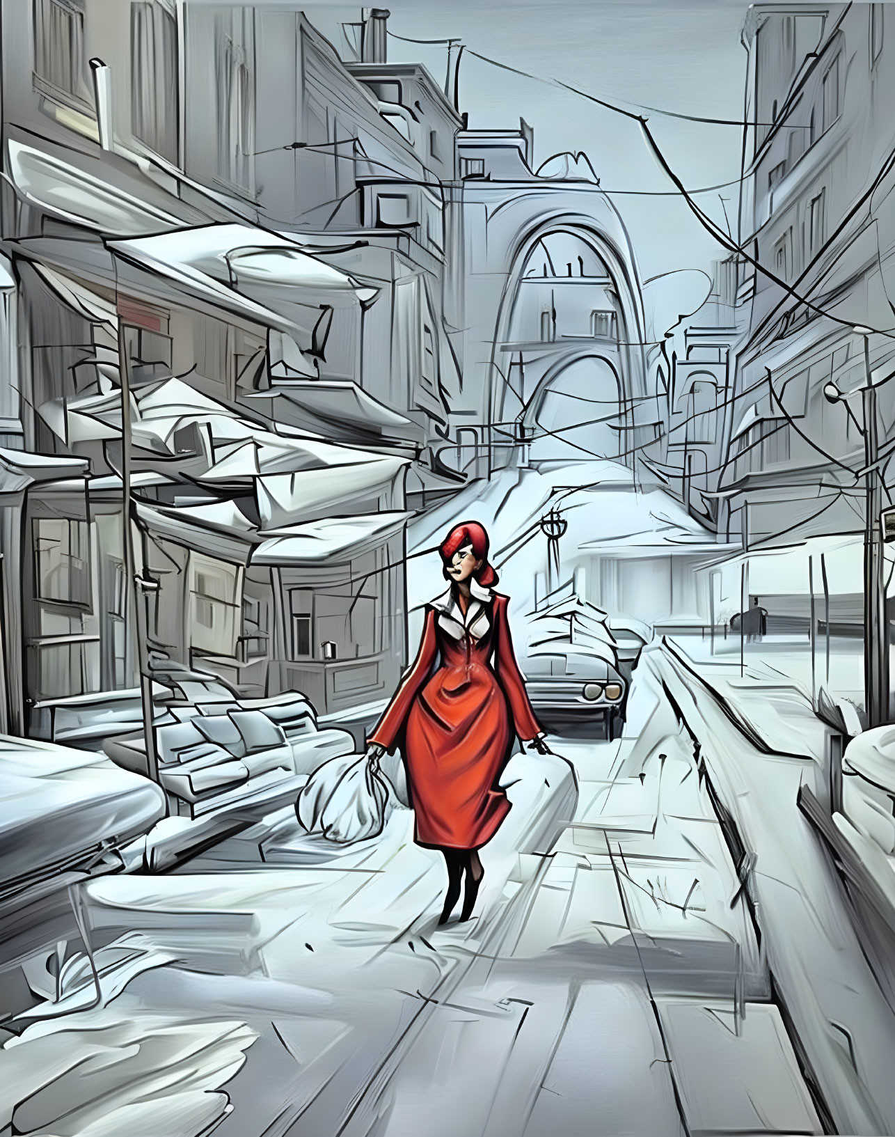 Woman in Bright Red Coat Walking Snowy City Street