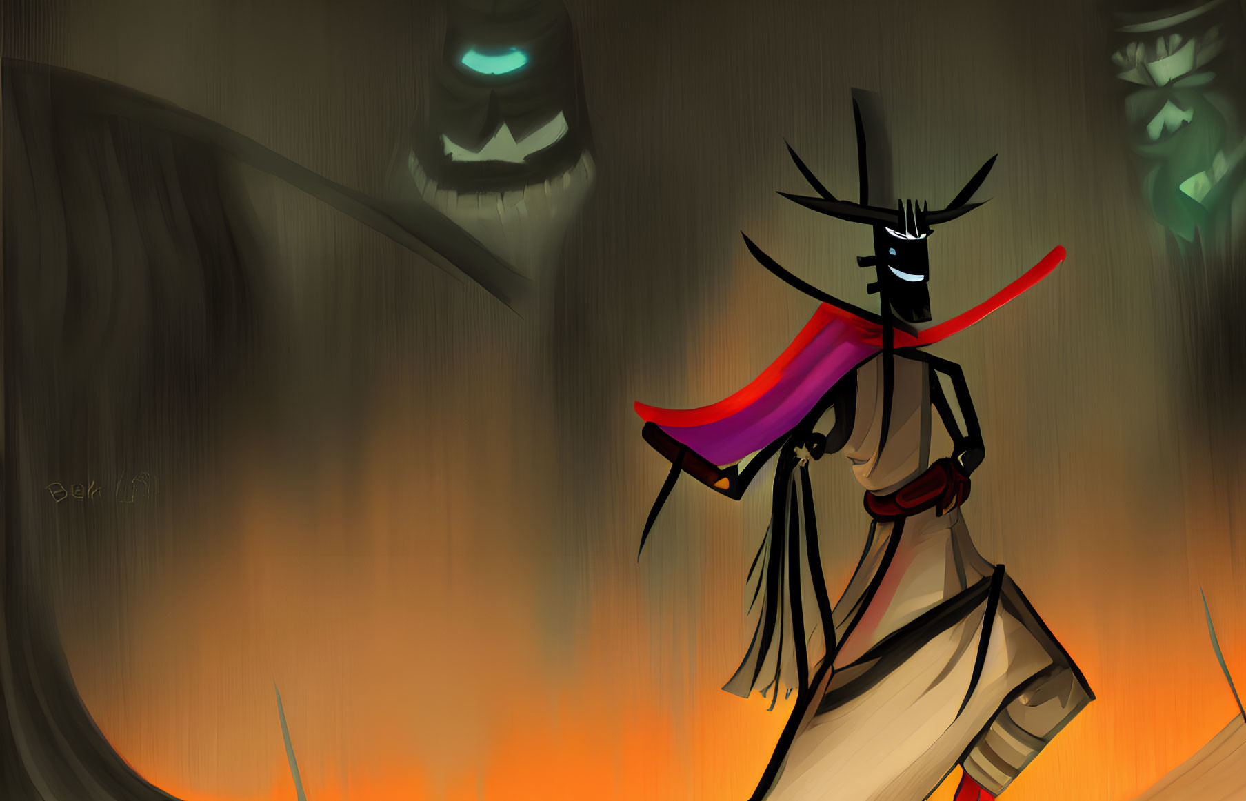 Stylized samurai with red scarf in eerie environment.