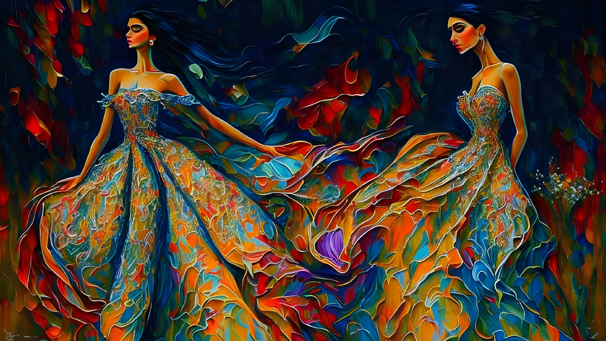 Vibrant surreal painting of two women in abstract dresses