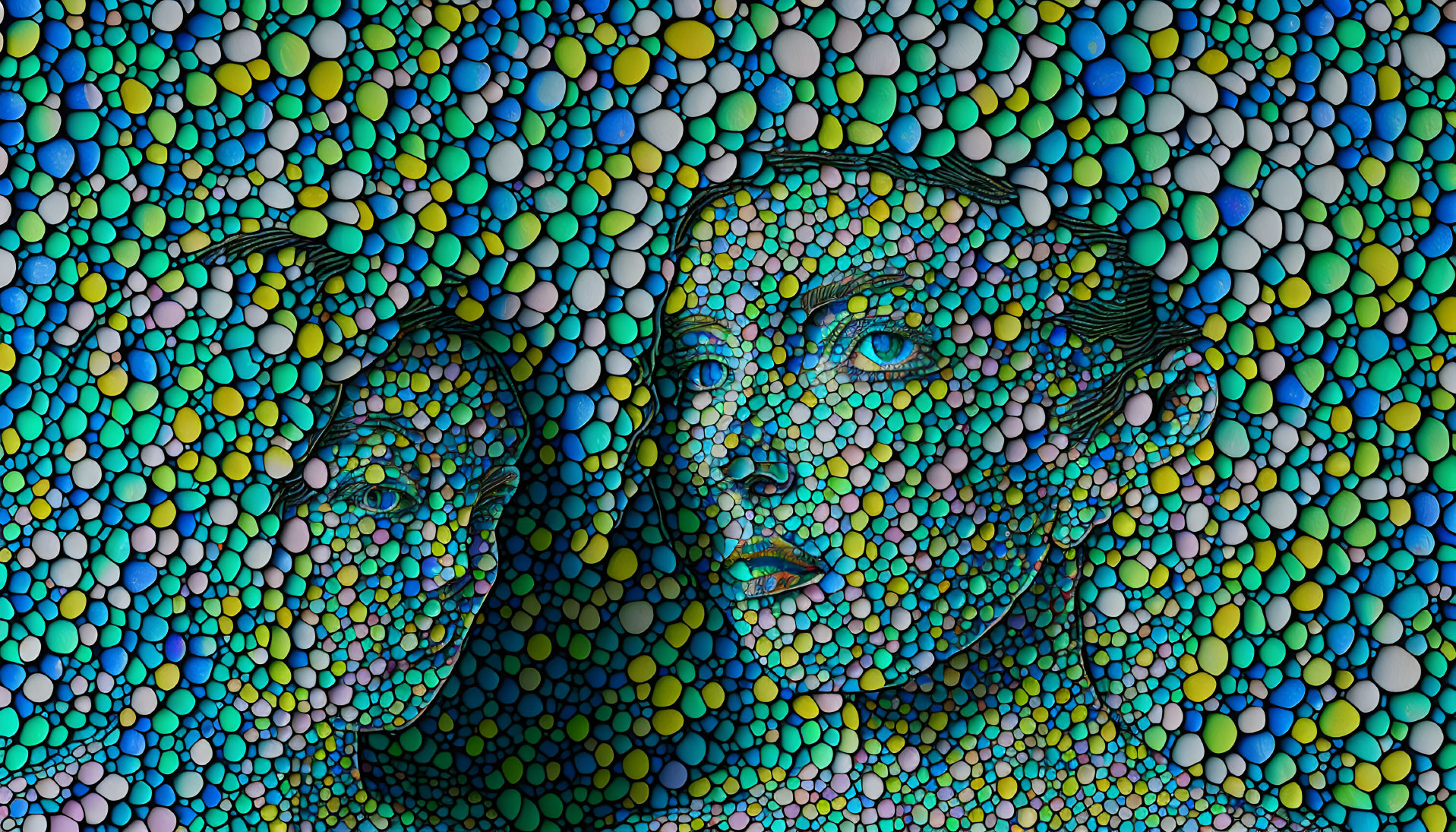 Vibrant mosaic of multicolored dots featuring two camouflaged faces