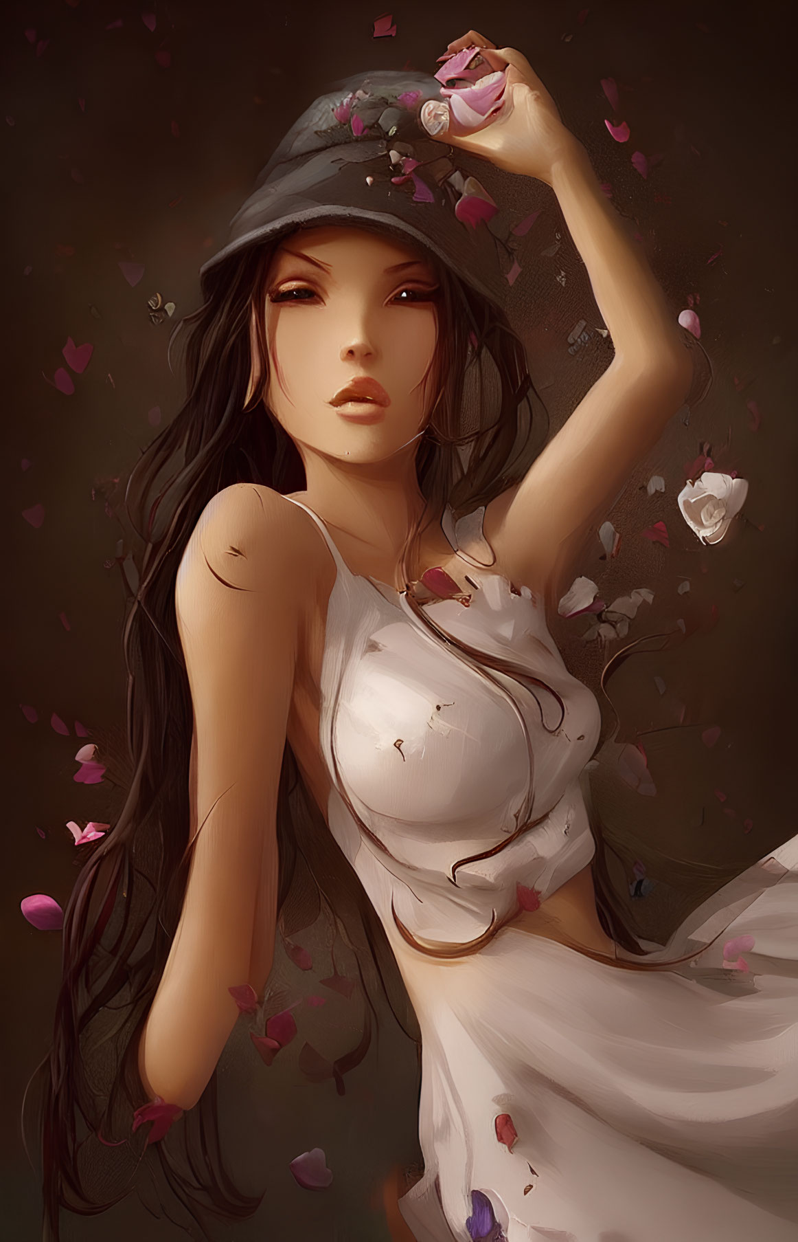 Digital illustration: Woman with long hair and hat in white outfit, pink petals surround her