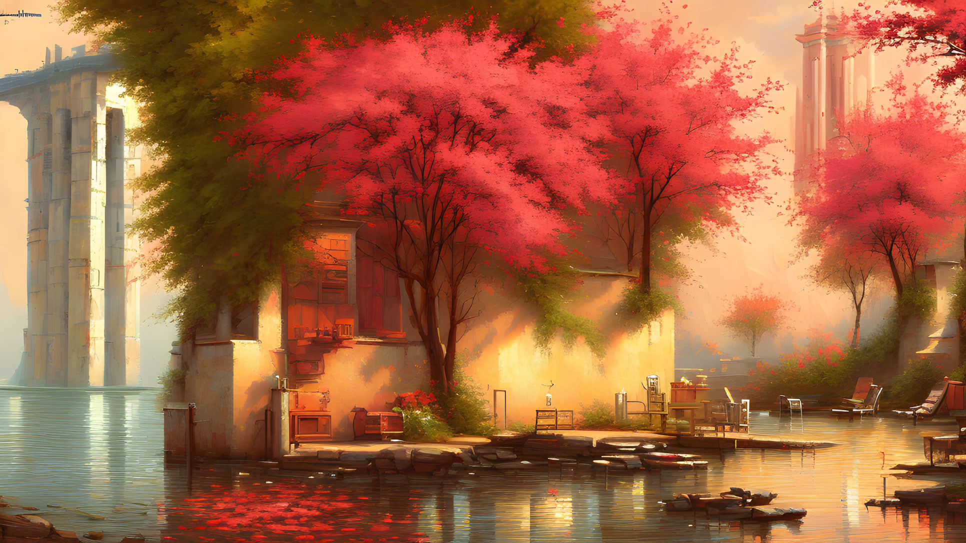 Tranquil riverside landscape with pink trees, stone building, ancient pillars, and boat docked