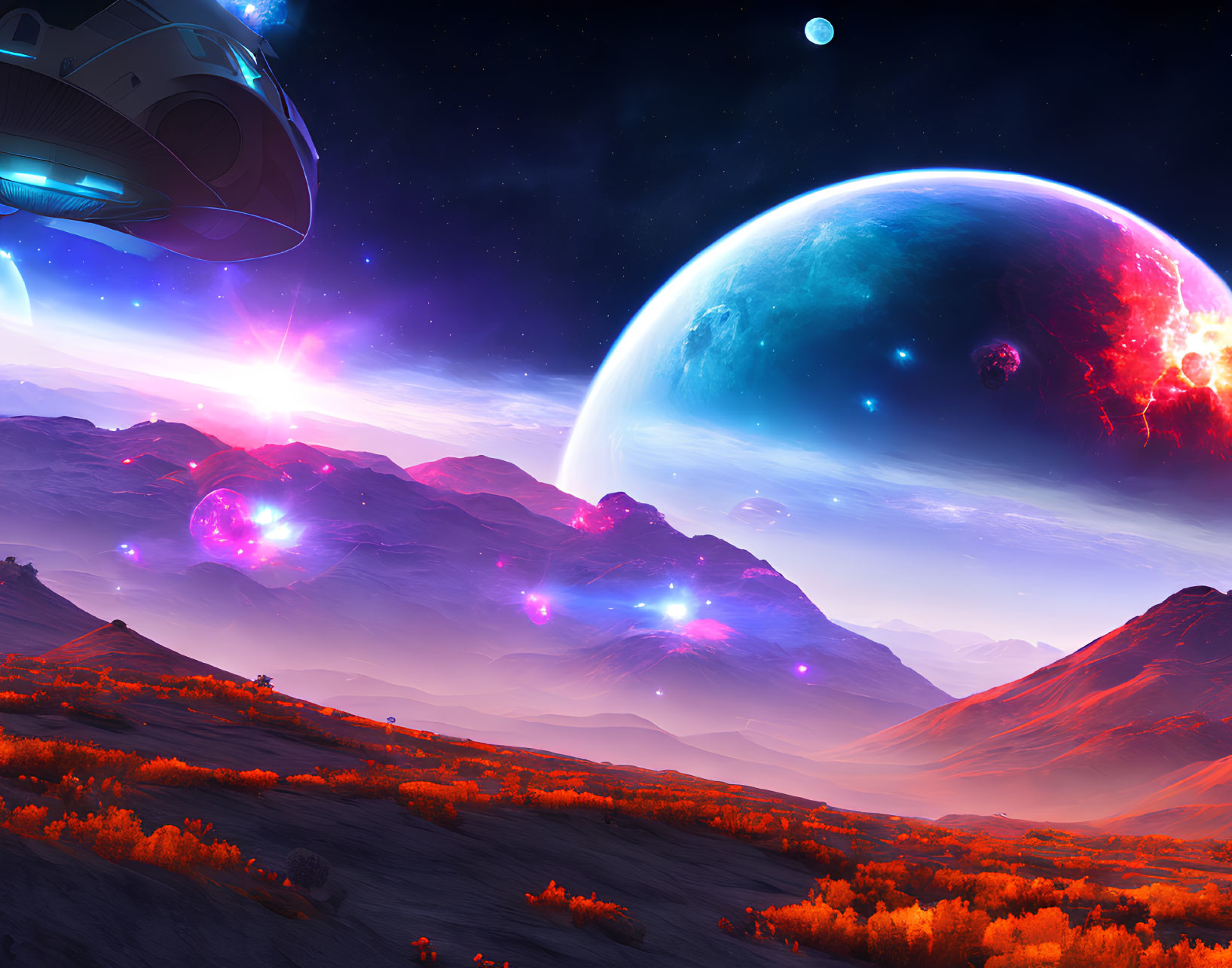 Colorful sci-fi landscape with spaceship, alien world, purple foliage, distant planets, starry sky