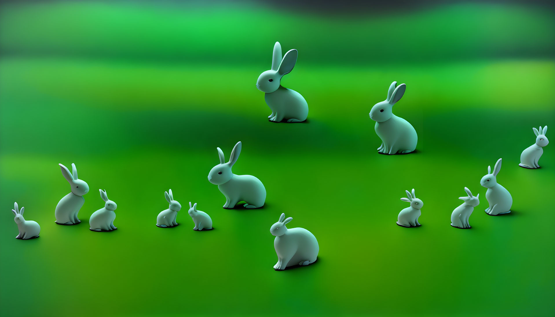 White rabbits in different sizes on striped green background - digital illustration