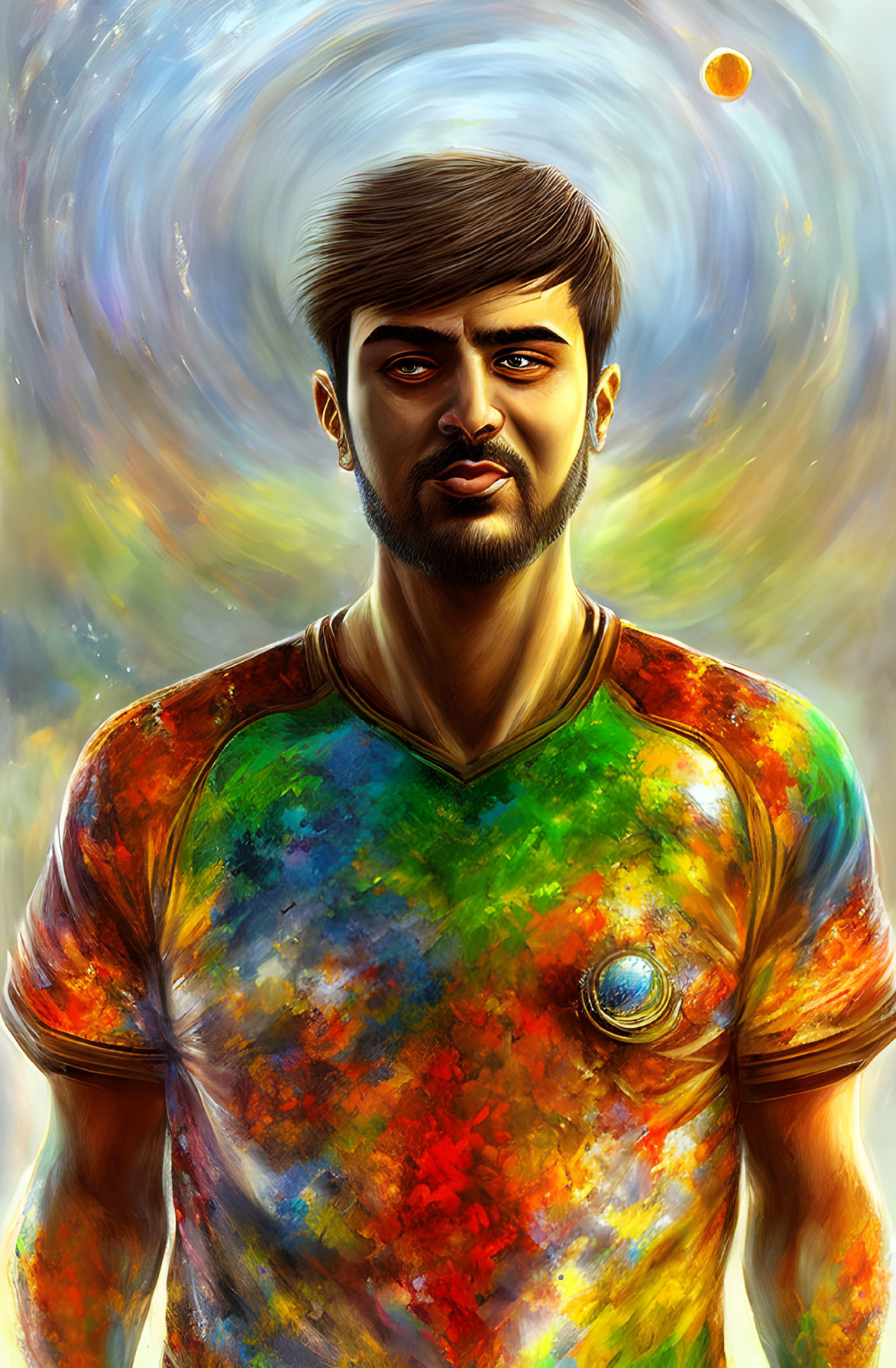 Vibrant digital portrait of bearded man in cosmic shirt with swirling galaxies