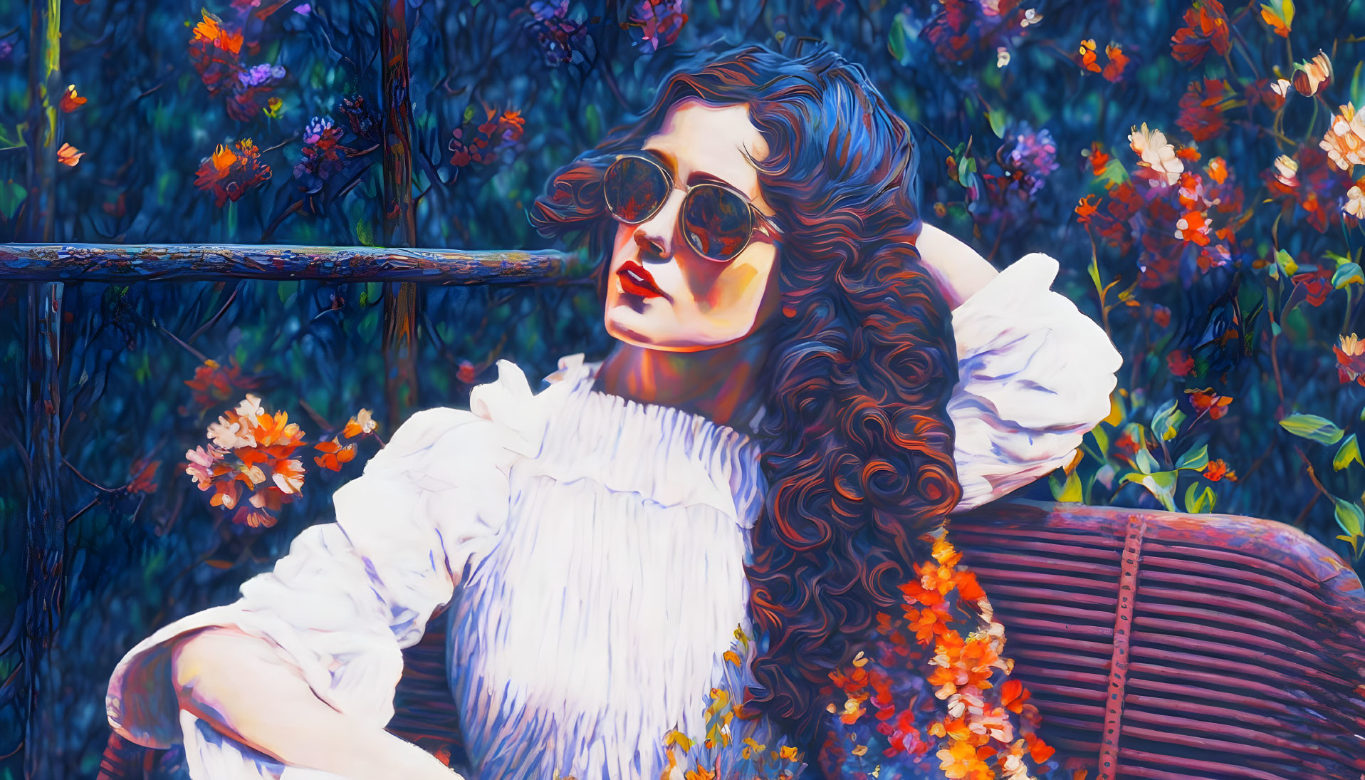 Woman with curly hair and sunglasses on bench in vibrant floral setting