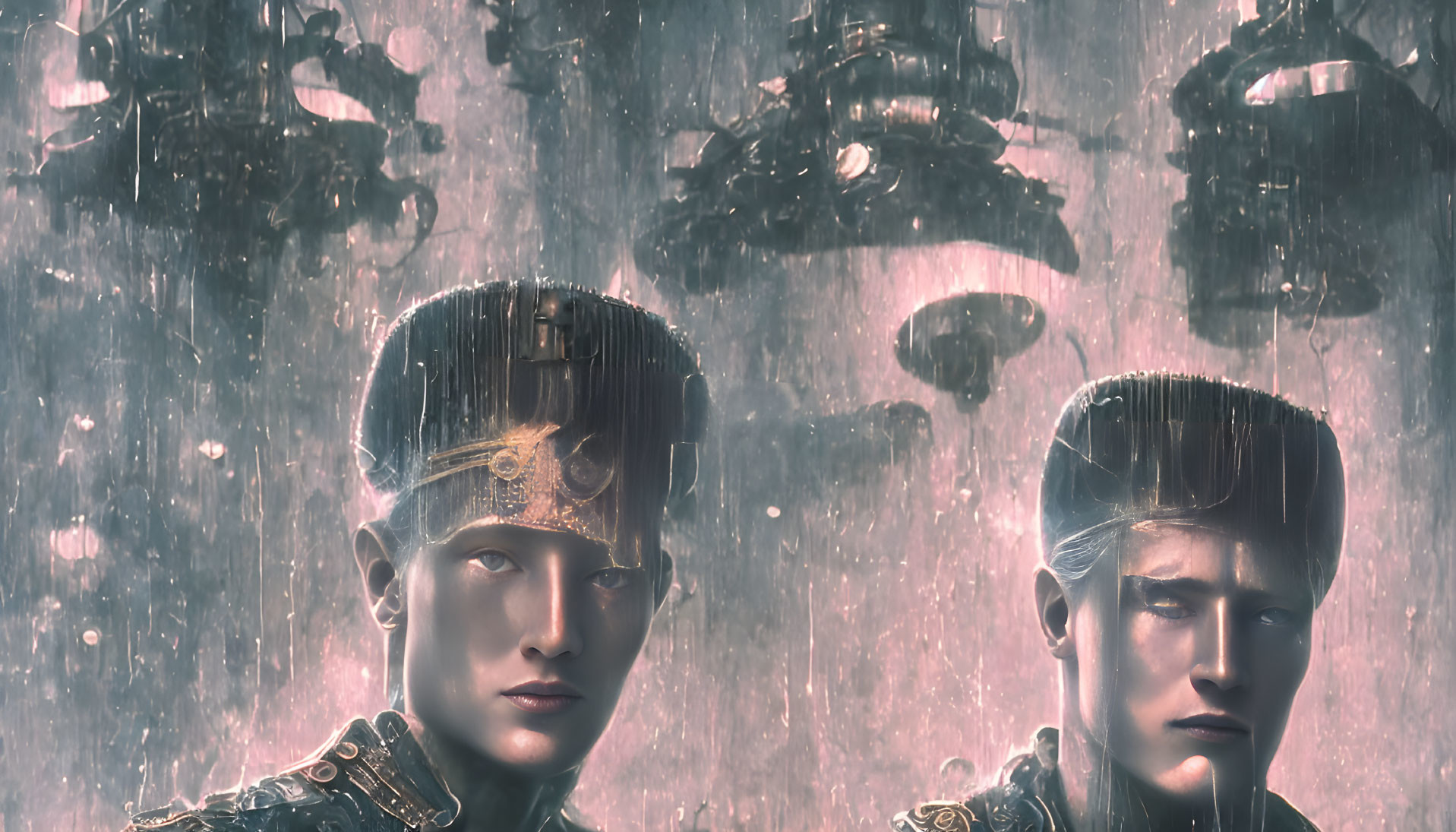 Futuristic soldiers with intricate helmets in sci-fi setting.