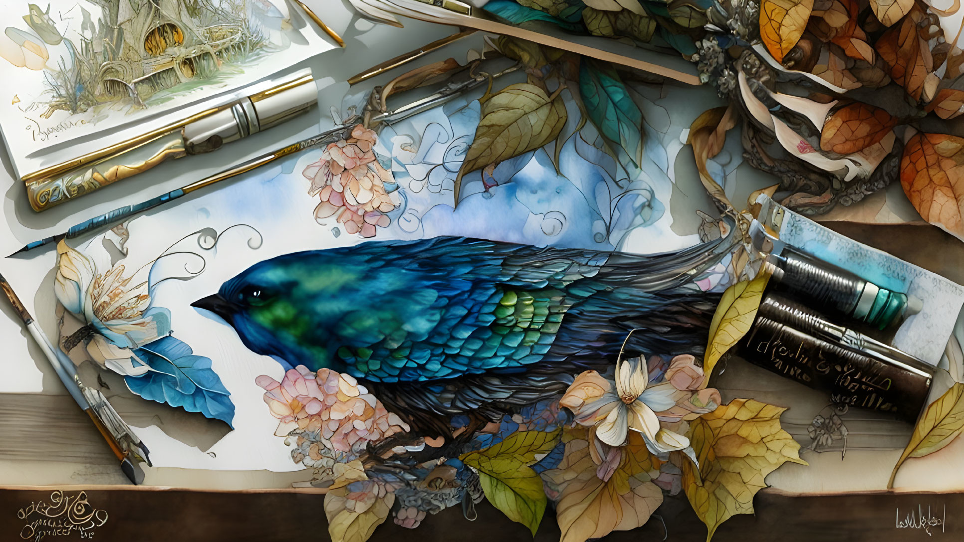 Colorful blue bird surrounded by art supplies, leaves, and sketches on wooden surface