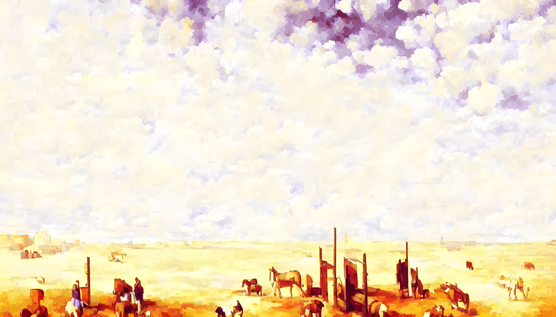 Impressionistic rural scene with horses, people, and structures under a cloud-filled sky