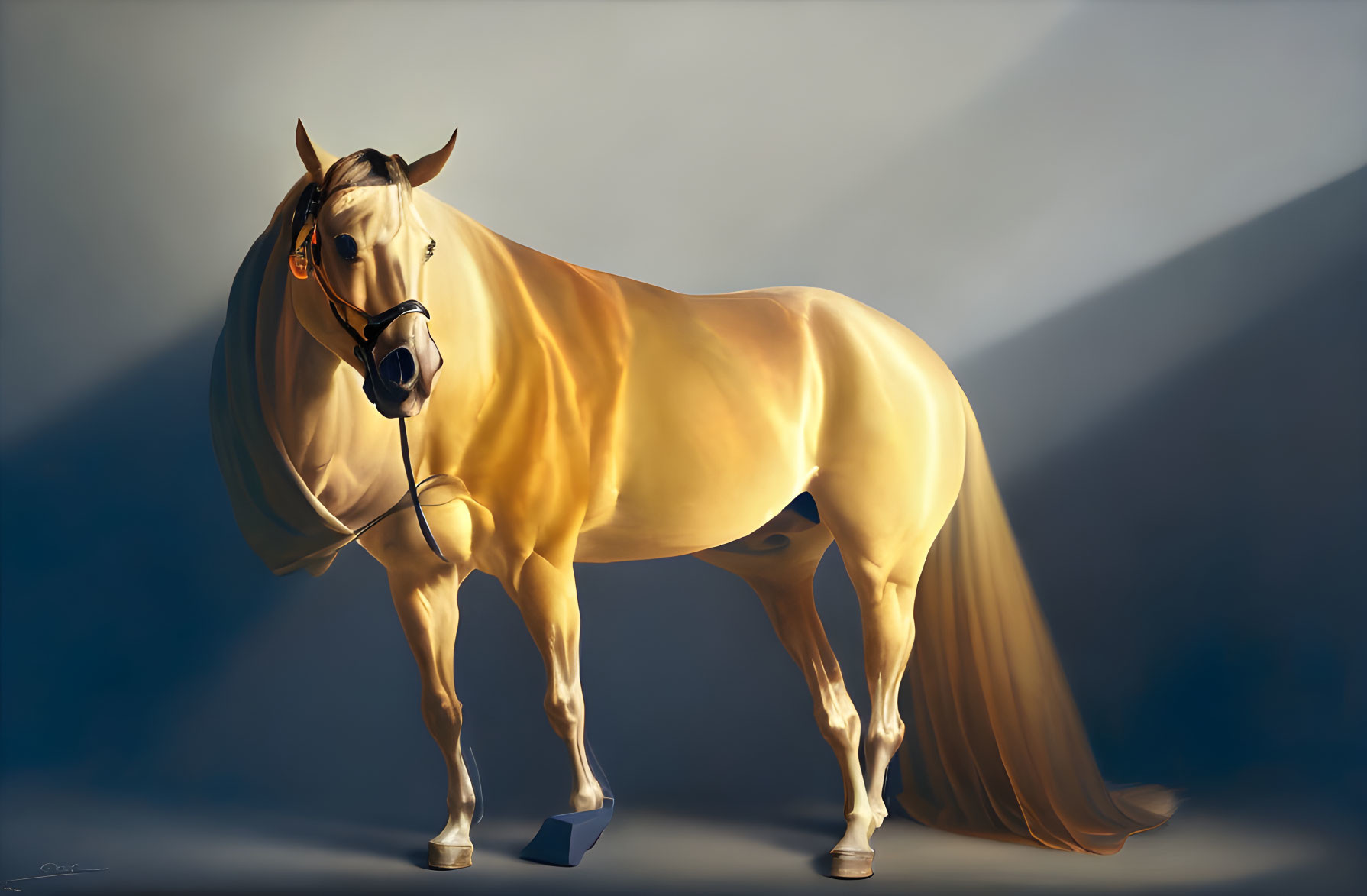 Golden horse digital art: Dramatic regal mane & shadows