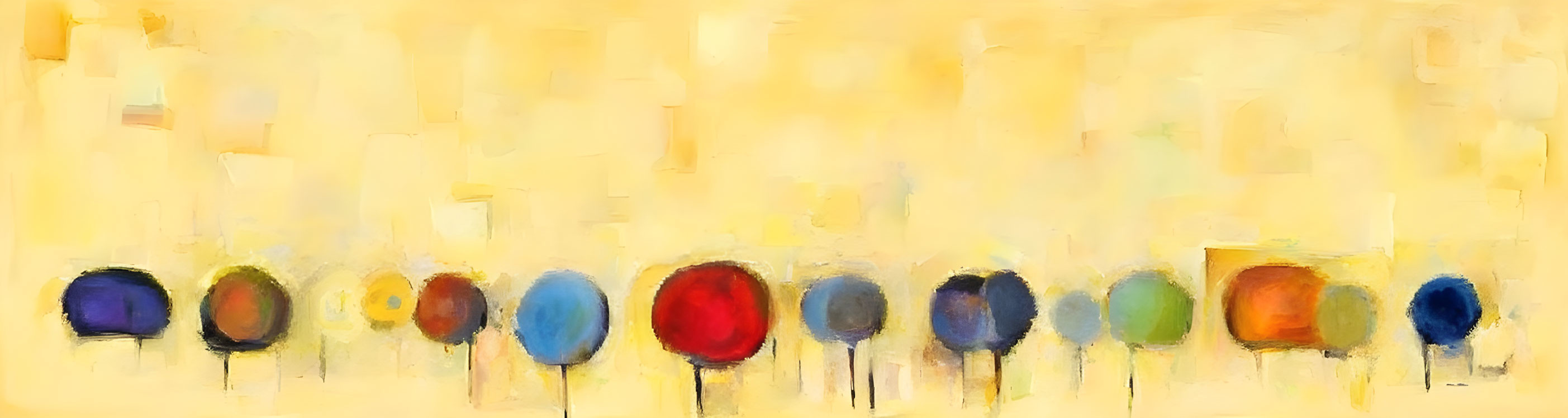 Colorful Abstract Painting: Vibrant Round Shapes on Stems on Pale Yellow Background