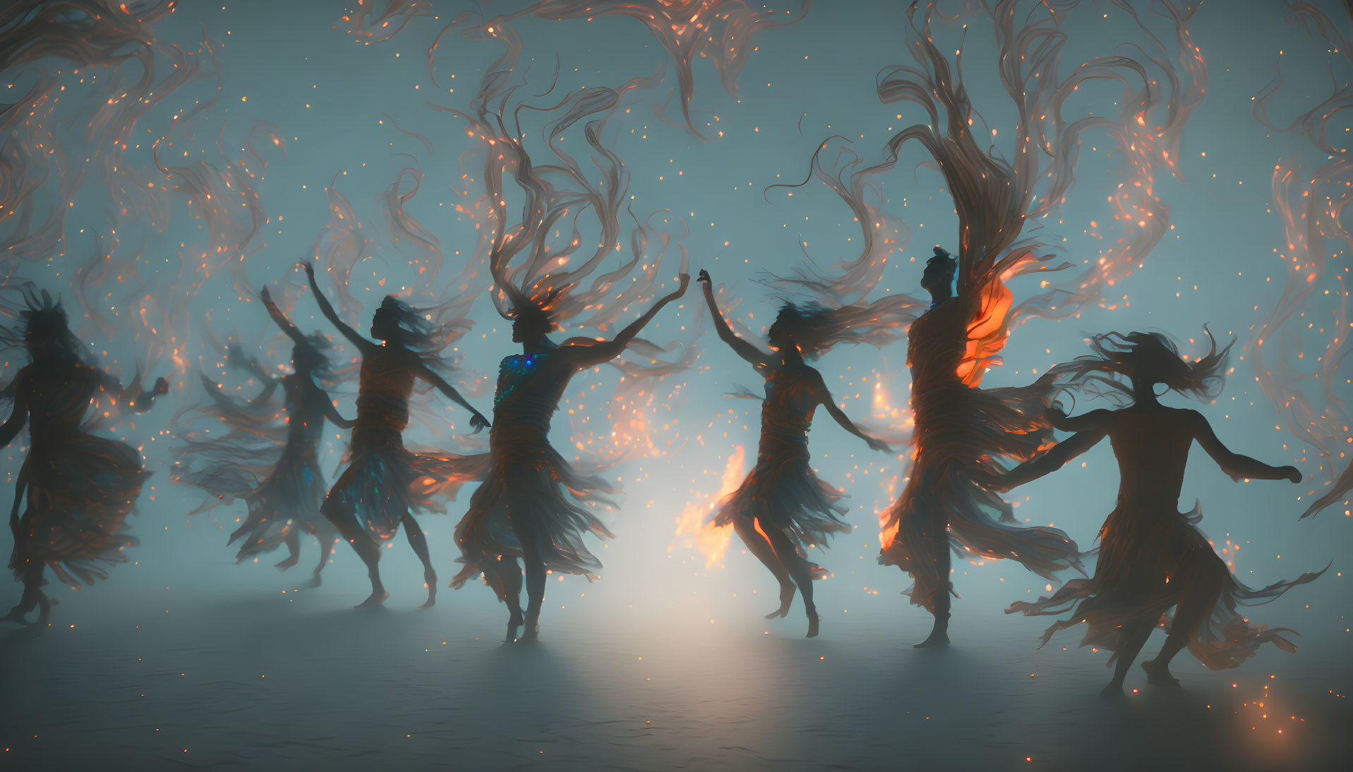 Dancing silhouettes in swirling orange and blue mist