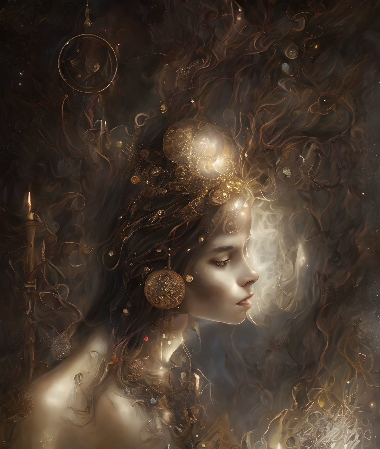 Mystical portrait of a woman with golden celestial ornaments amid swirling smoke and ethereal lights