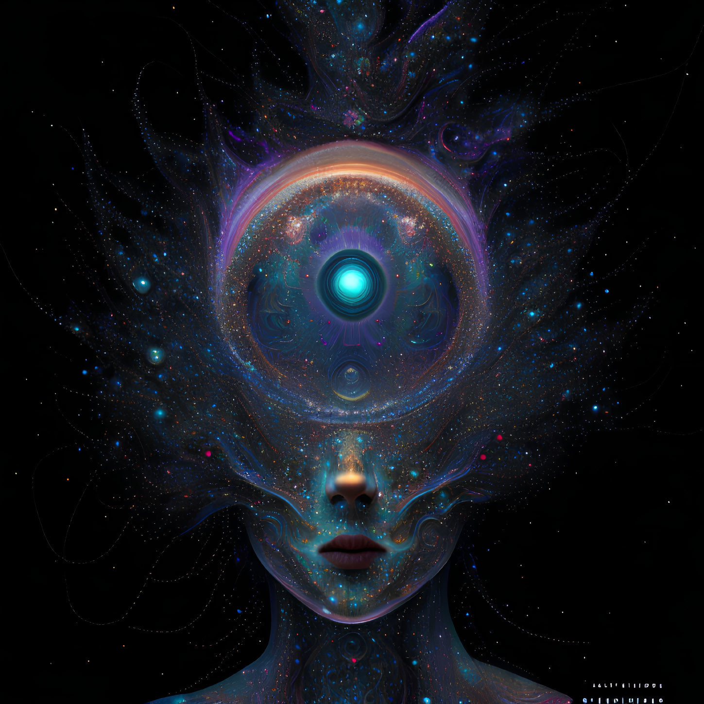 Cosmic digital artwork featuring mystical face with glowing nebula patterns