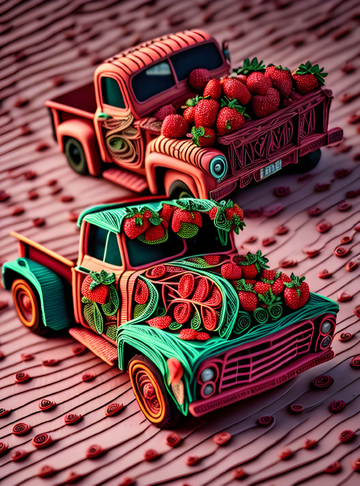 Colorful Vintage Pickup Trucks with Stylized Strawberries on Textured Surface