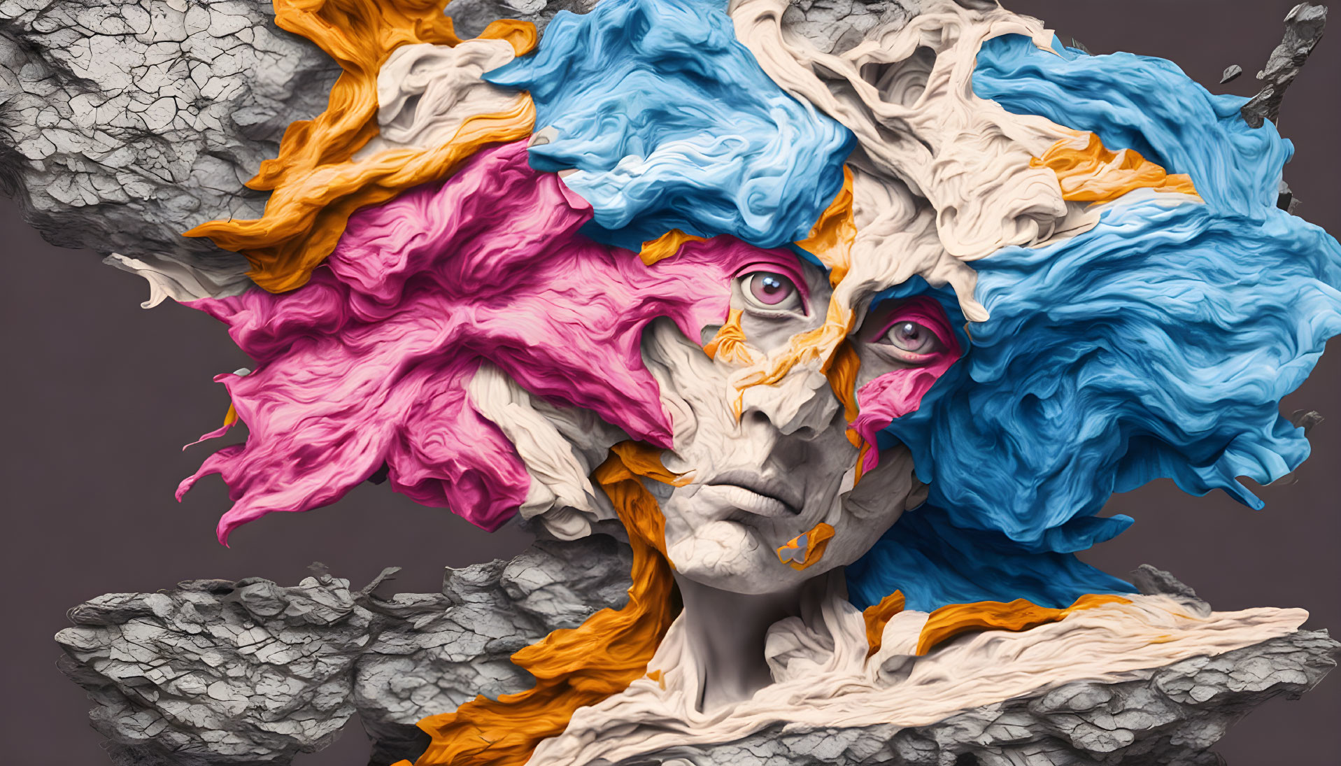 Multicolored Paint Flowing as Hair on Surreal Face Portrait