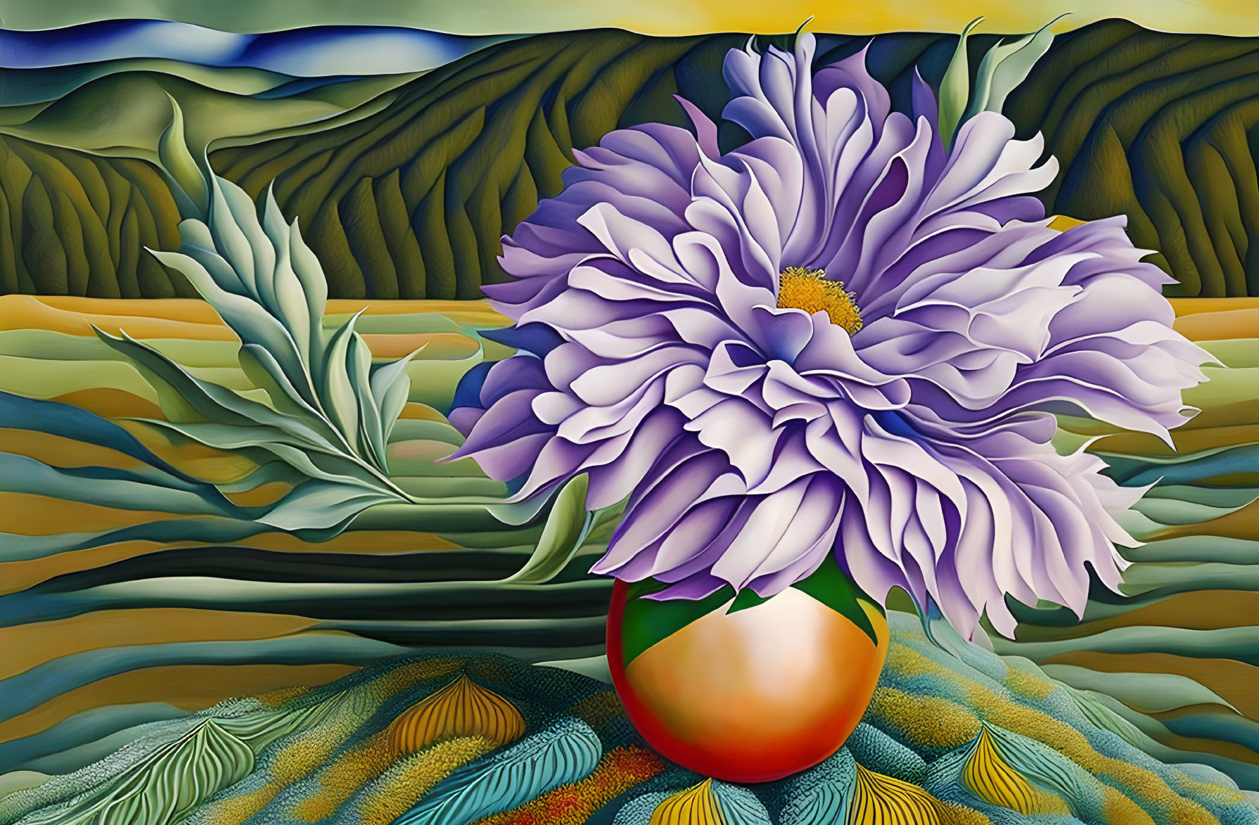 Colorful painting of purple flower in red vase against green hills and patterned fields