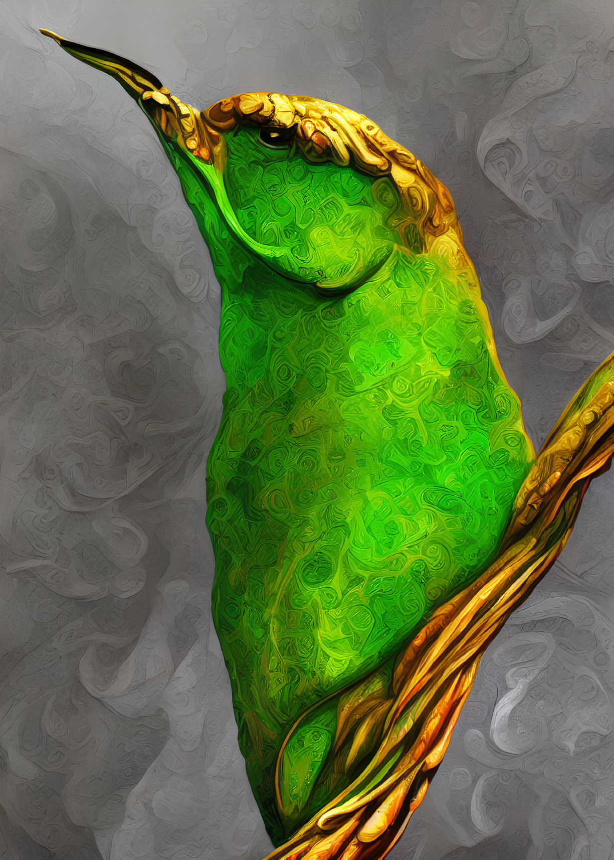 Vibrant green bird with golden accents on branch against textured grey background