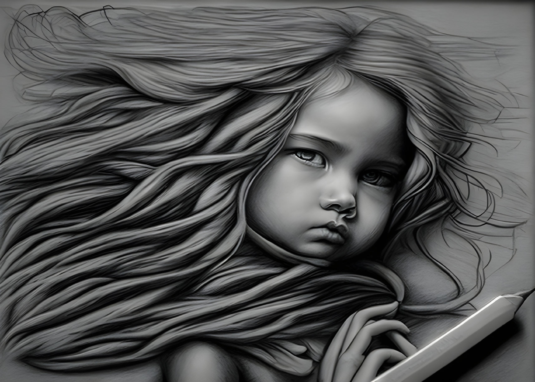 Monochrome digital artwork: young girl with flowing hair, somber expression, holding a book