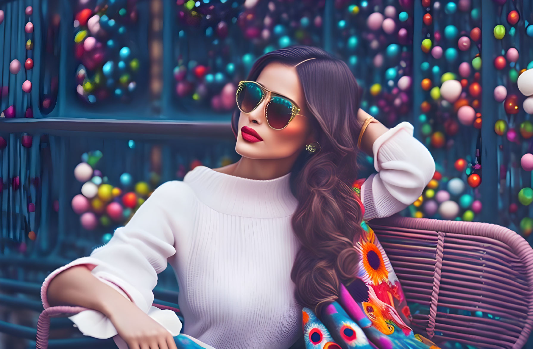 Fashionable Woman in White Turtleneck with Colorful Balloons