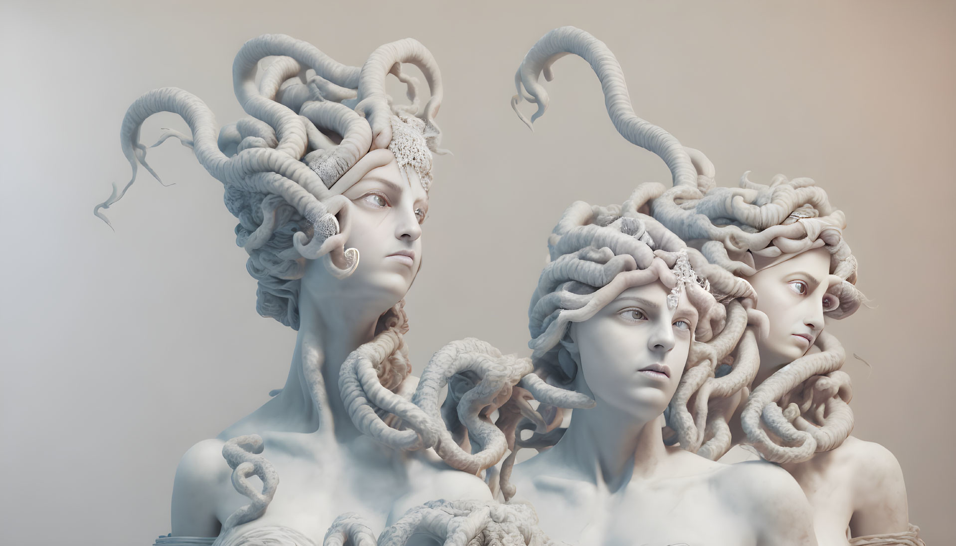 Intricately detailed statues of women with snake-covered hair reminiscent of Gorgons