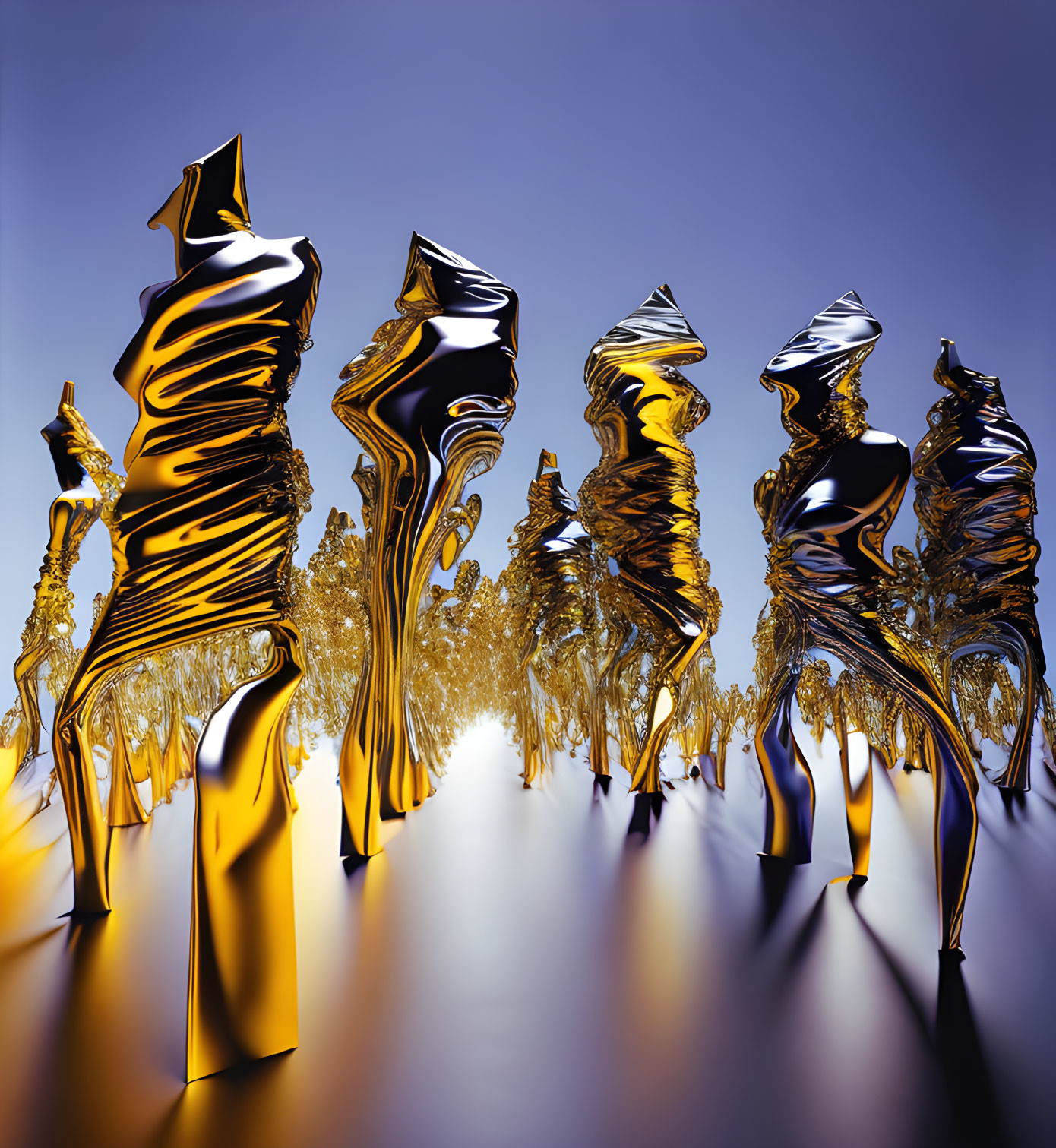 Golden and Black Abstract Sculptures on Purple Background