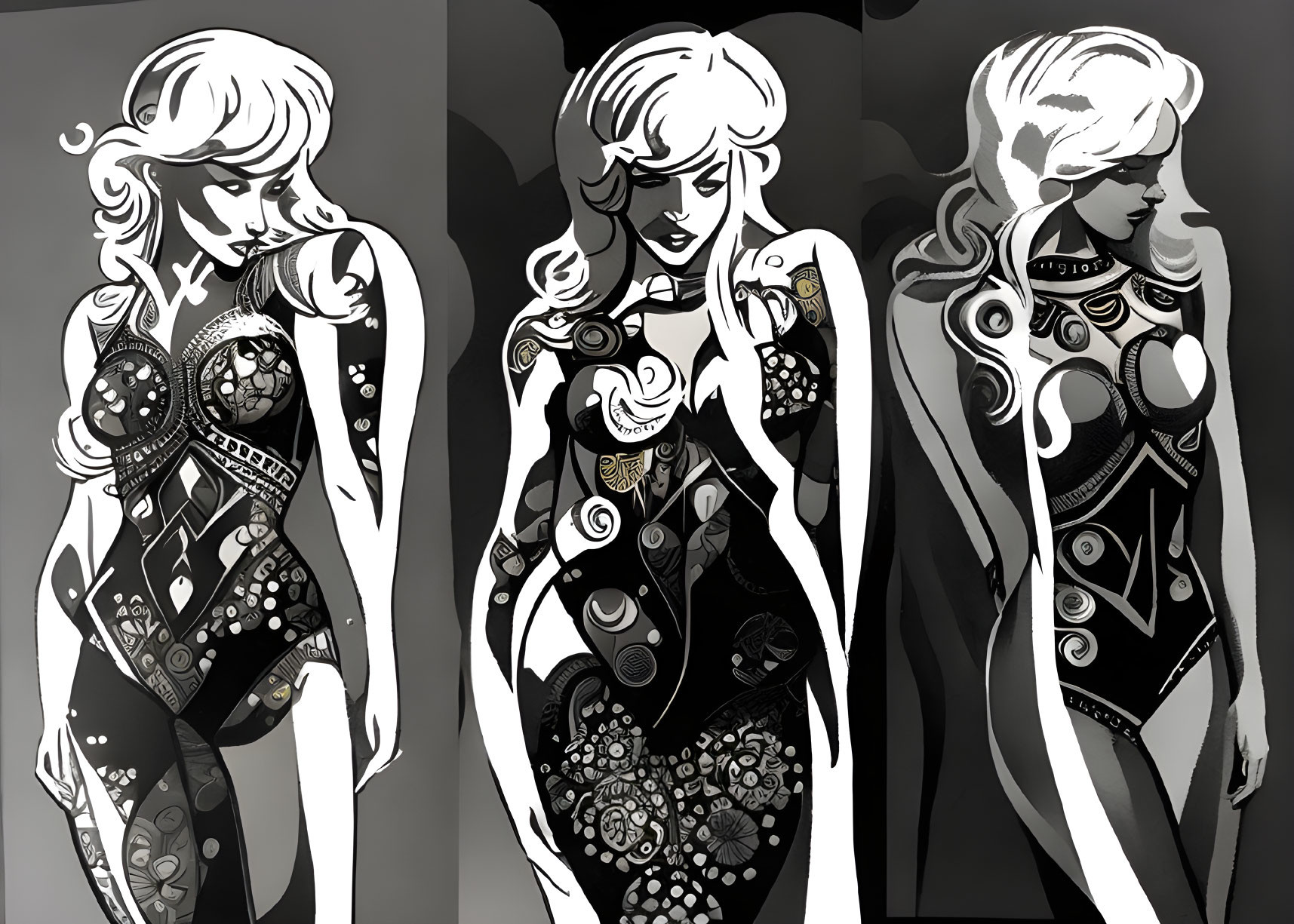 Stylized Monochromatic Triptych of Woman with Patterns