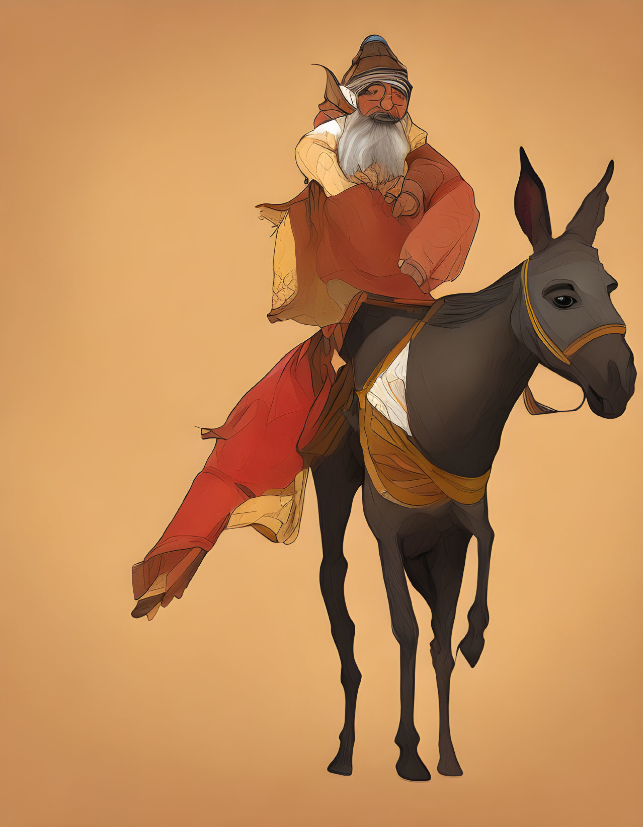 Elderly Man with Beard Riding Donkey in Red and Gold Robe