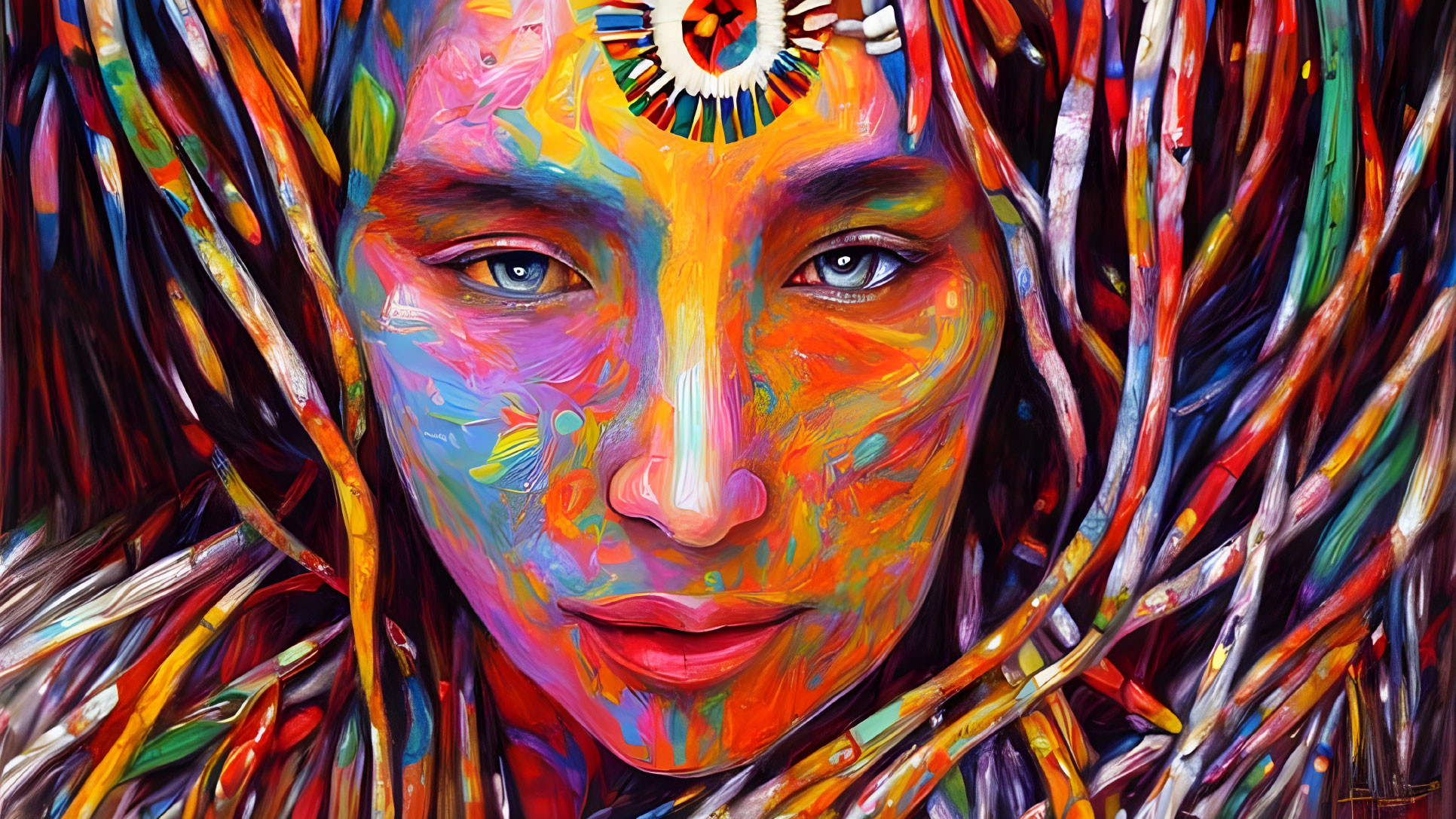 Colorful Portrait Featuring Striking Eyes and Feather Amid Abstract Patterns