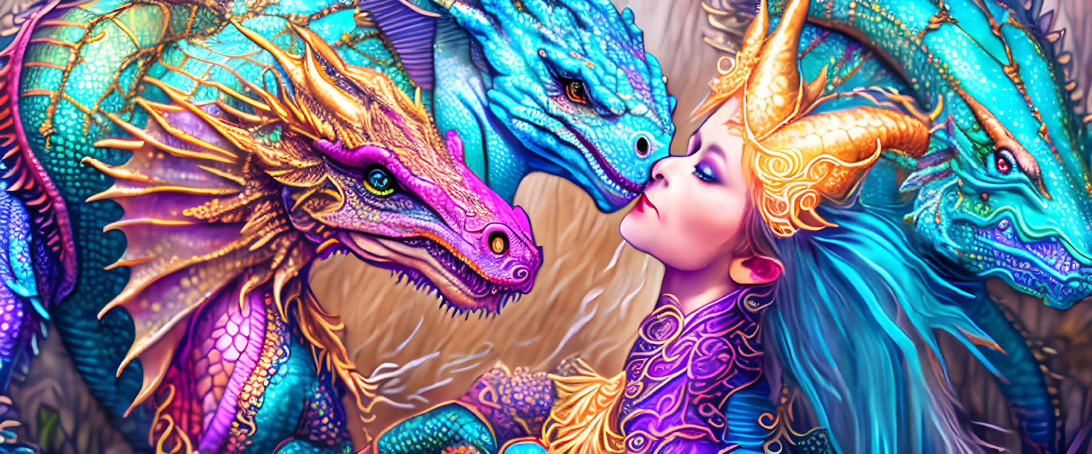 Woman and Three Majestic Dragons in Blue and Purple Fantasy Scene