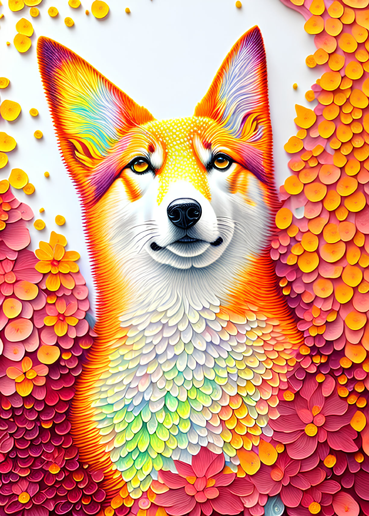 Colorful Fox Face Illustration Surrounded by Stylized Petals