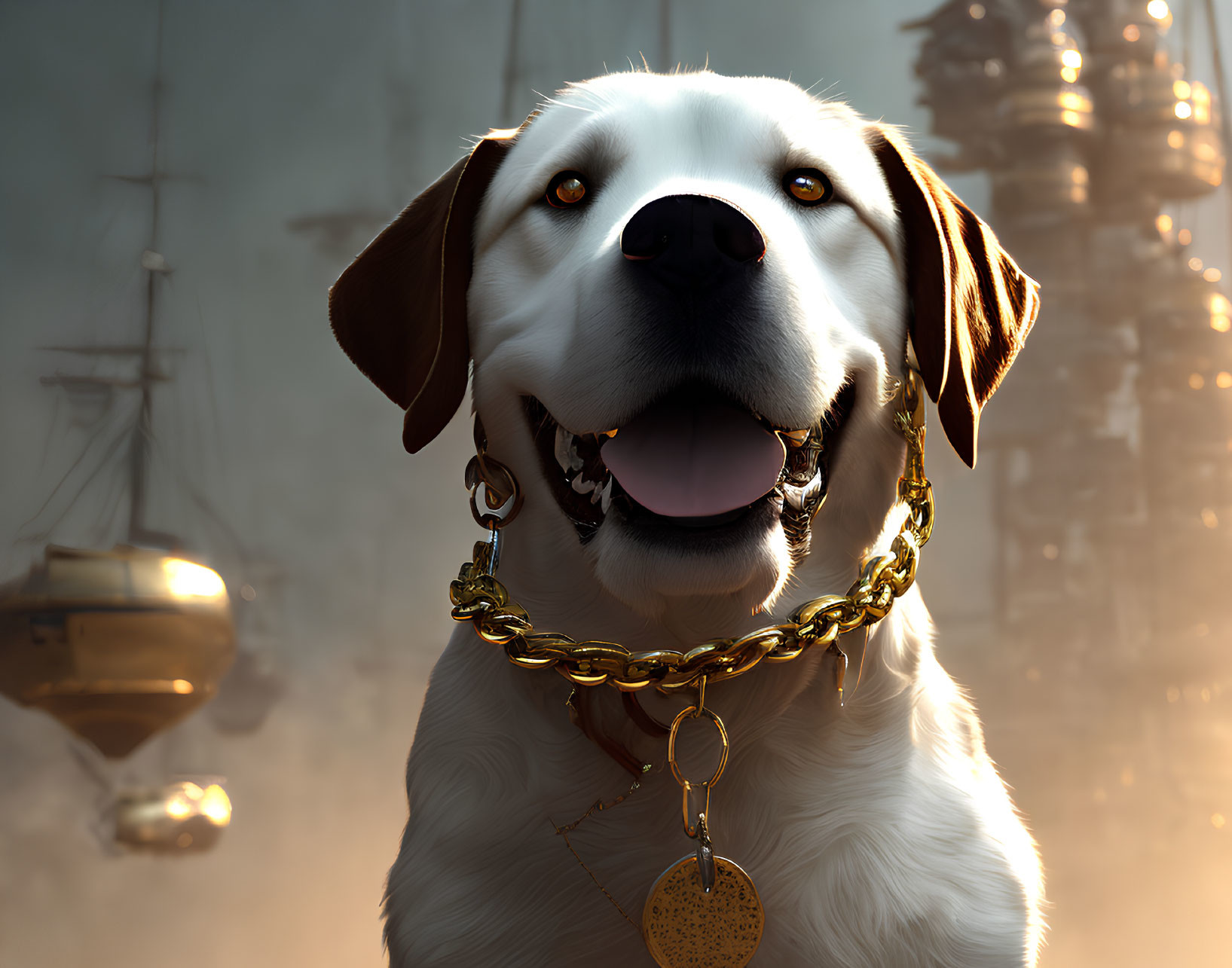 Golden retriever with gold chain in fantasy sky scene