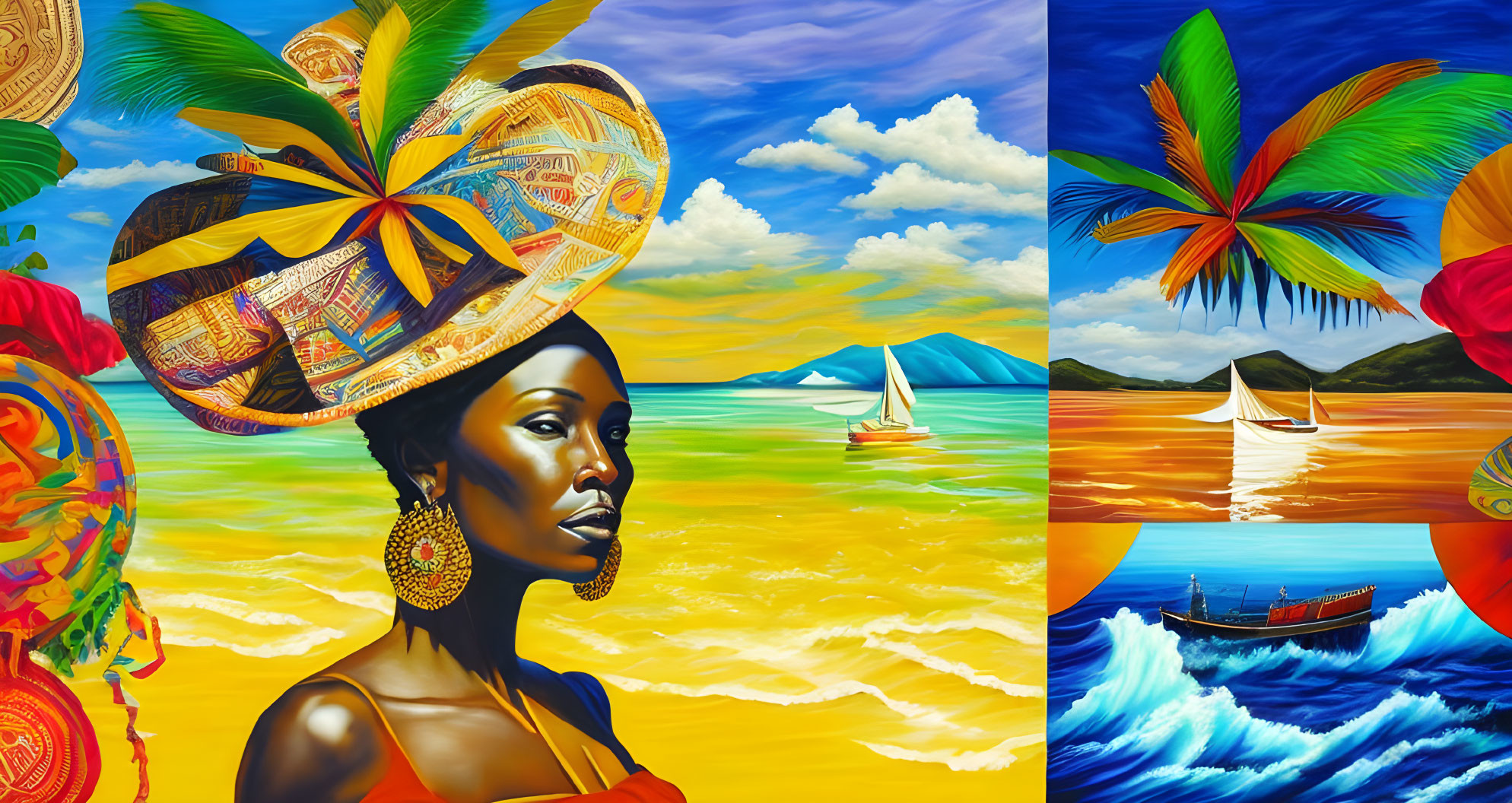 Colorful Collage of Woman, Landscapes, Sailboats, and Palm Fronds