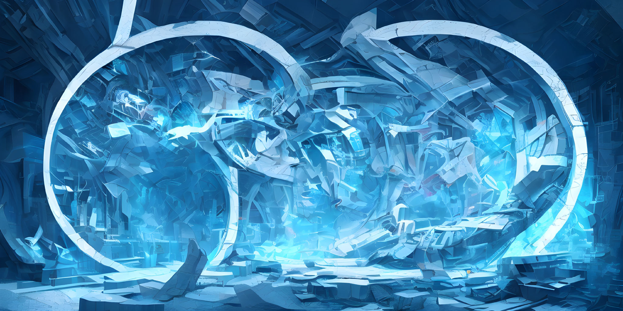 Abstract digital art: Circular motif fracturing into blue shards, depicting a chaotic energy portal.