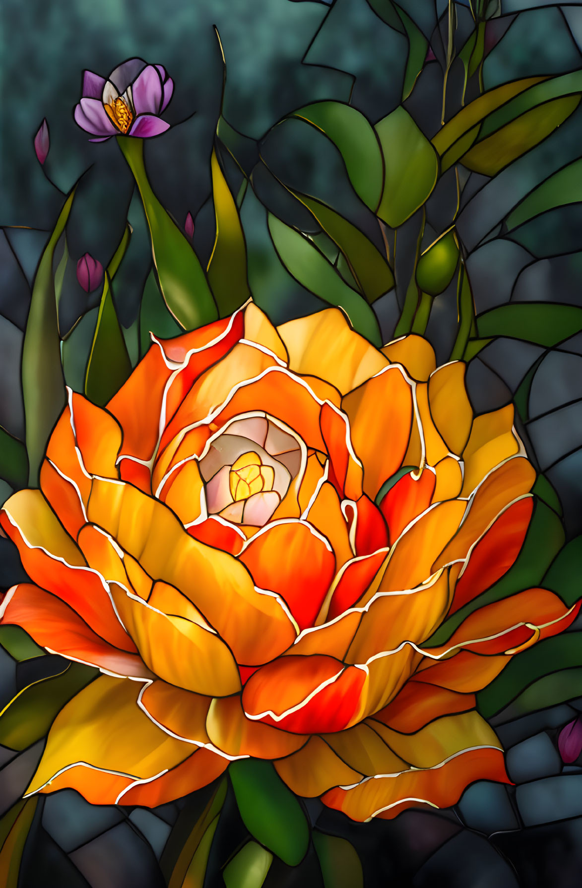 Colorful Stained Glass Artwork of Orange-Yellow Rose and Flowers