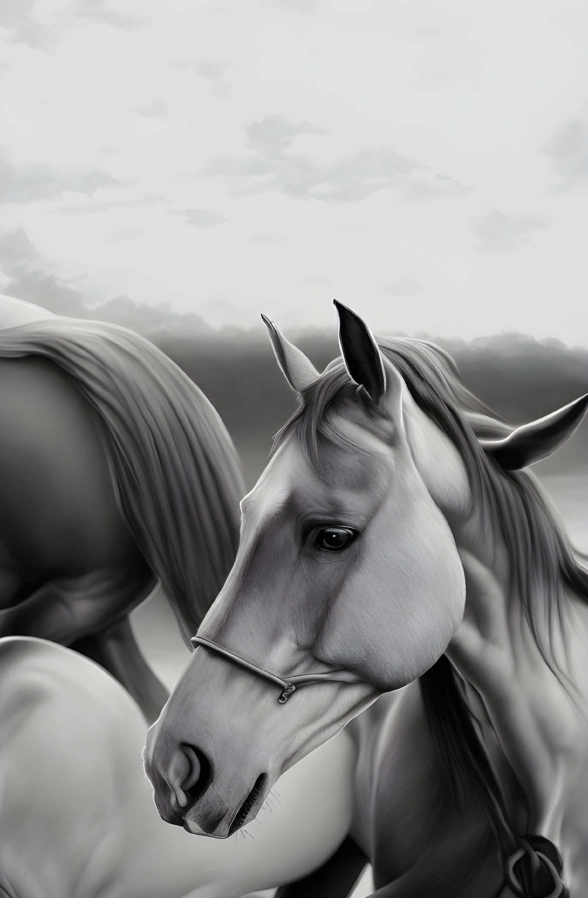 Detailed monochrome horse painting with serene background.