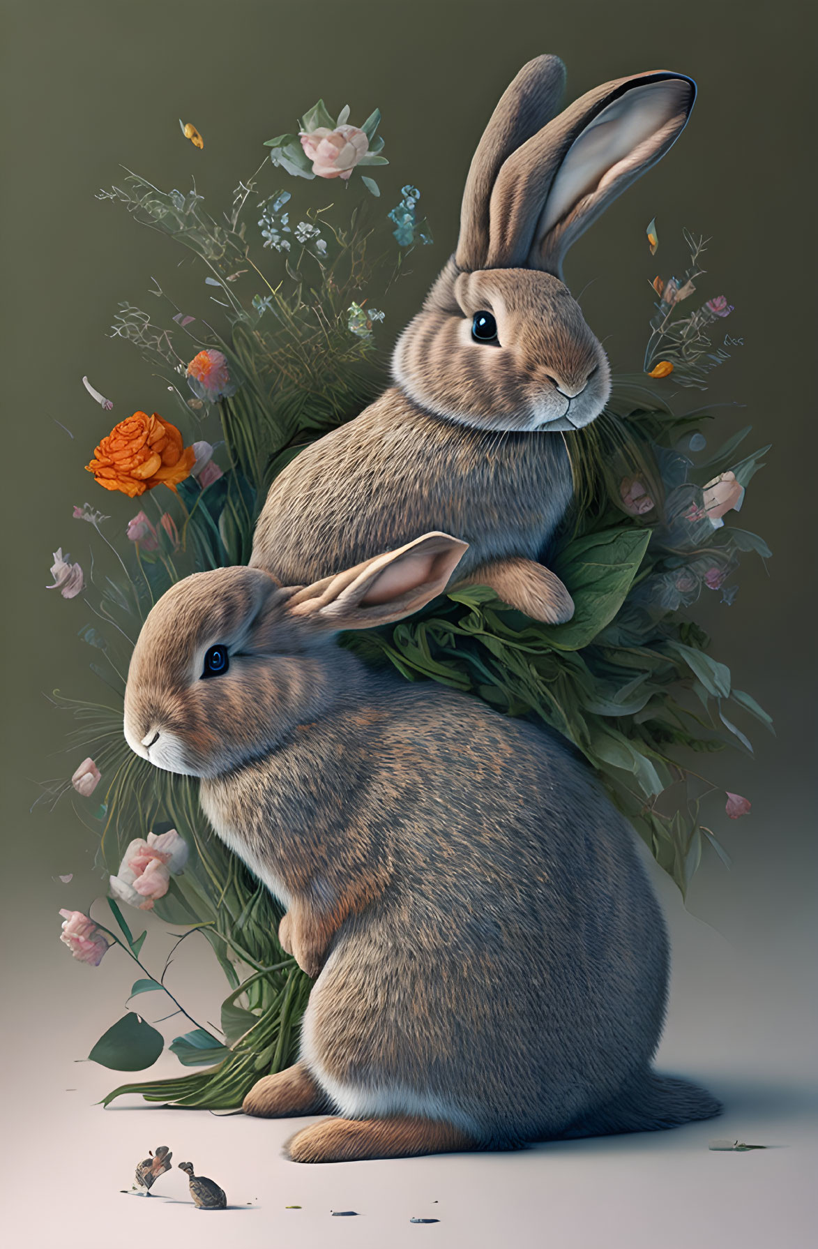 Realistic rabbits with flowers, butterfly, and snail on muted background