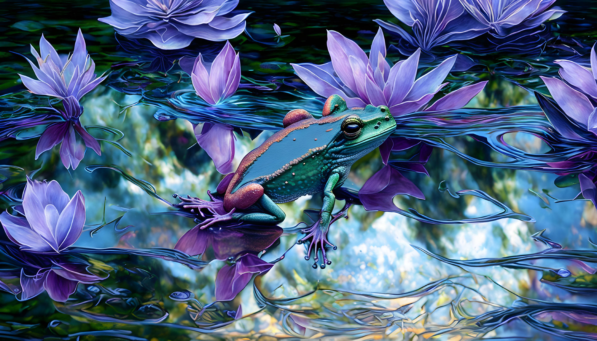 Colorful Frog on Lilypad Surrounded by Purple Water Lilies in Pond